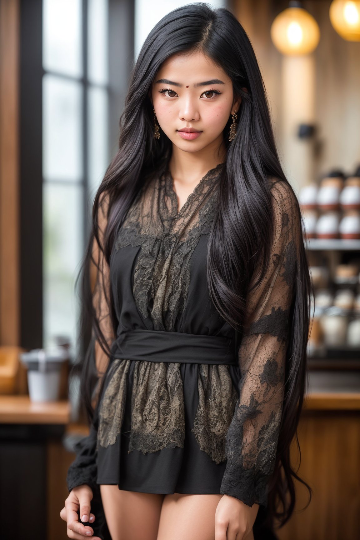 An ultra real full body photorealistic DSLR shot of standing head to toe of an 28-year-old girl, captured in ultra-realistic detail by a DSLR camera. Her long black hair cascades down her body, framing her striking black eyes. intricate macro details add depth and texture to the image. intricate macro details add depth and texture to the image. Confident and friendly expression. ultra highres, sharpness texture, High detail RAW Photo, detailed face, shallow depth of field, sharp eyes, (realistic skin texture:1.2), light skin, dslr, film grain. The most beautiful girl. Sara enjoys a quiet moment in an artisanal coffee shop, sipping on a carefully crafted beverage. Capture the ambiance and her appreciation for the coffee culture.,asian girl,indian girl ,Asian Real Cartoon Style Girl