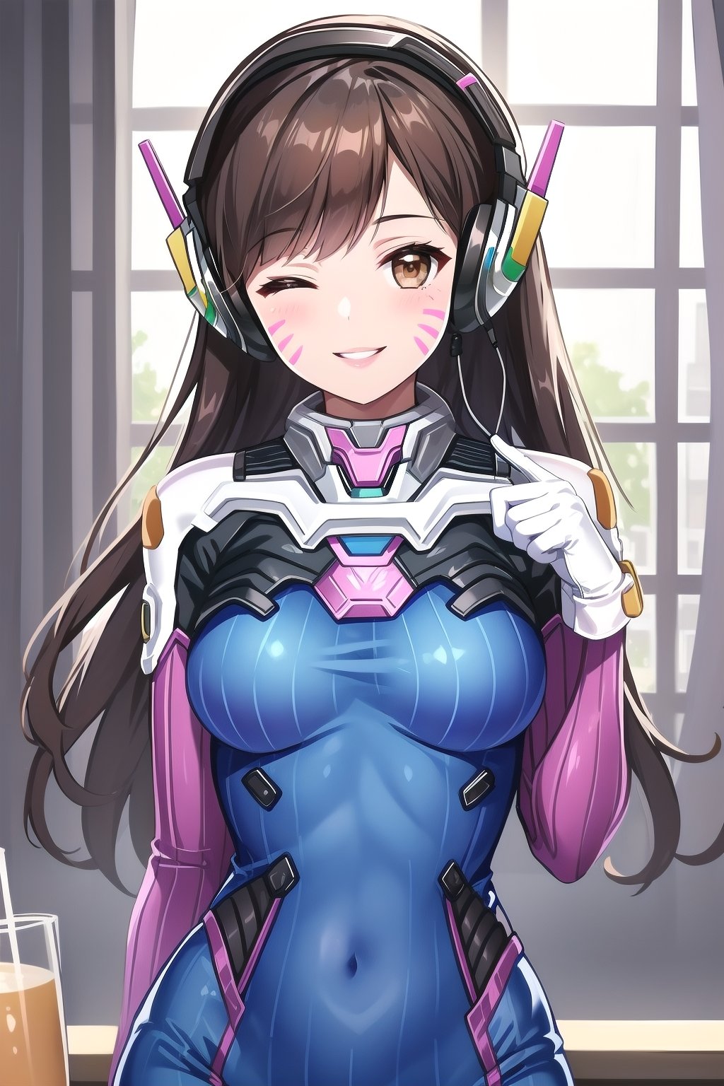 1girl, solo, long hair, breasts, looking at viewer, smile, bangs, brown hair, gloves, brown eyes, medium breasts, upper body, parted lips, one eye closed, indoors, white gloves, window, bodysuit, covered navel, headphones, facial mark, skin tight, index finger raised, pilot suit, whisker markings, shoulder pads, blue bodysuit, ribbed bodysuit, d.va \(overwatch\)