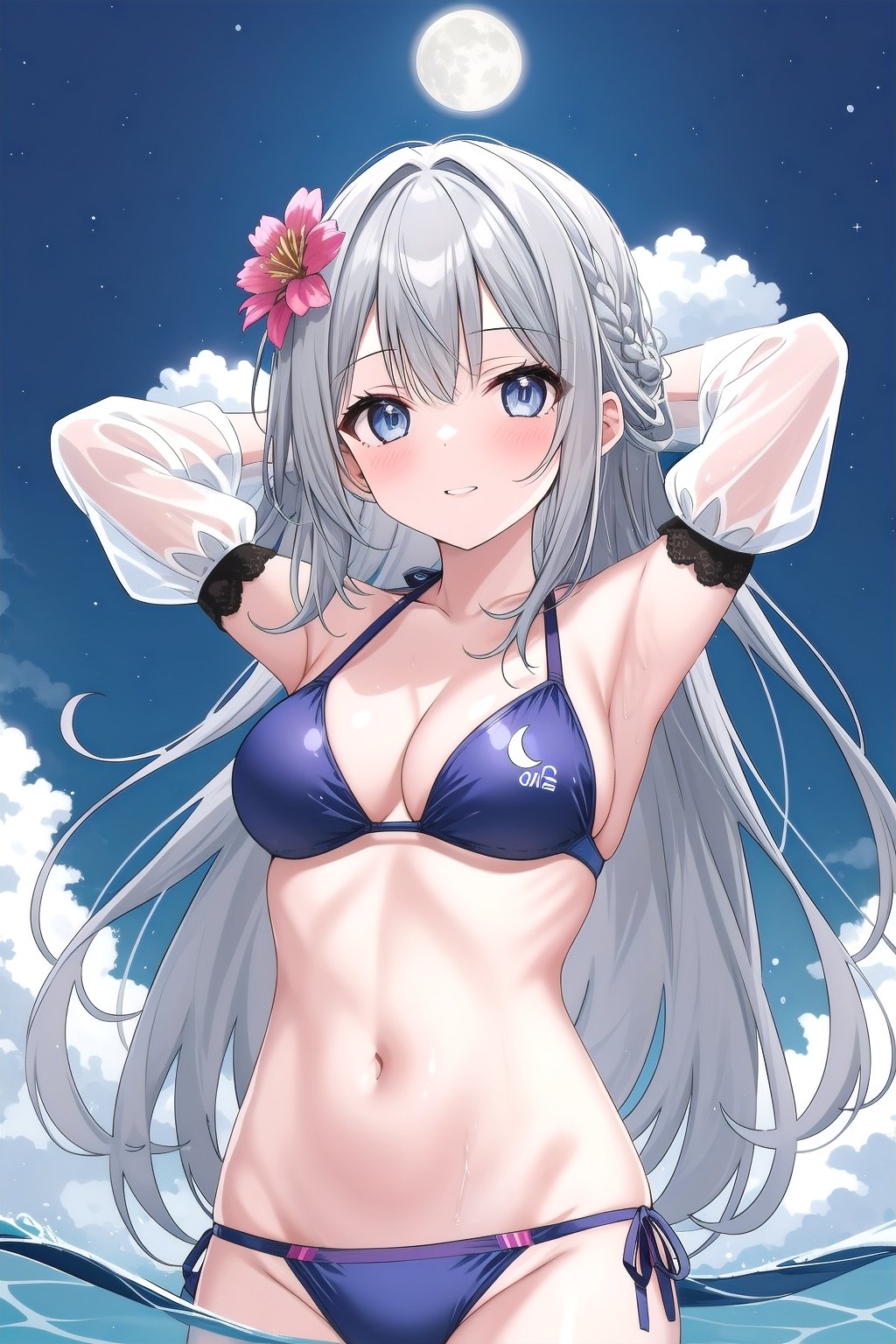 1girl,solo,long hair,breasts,looking at viewer,bangs,blue eyes,hair ornament,cleavage,very long hair,swimsuit,braid,flower,grey hair,bikini,detached sleeves,hair flower,water,arms up,grey eyes,moon,