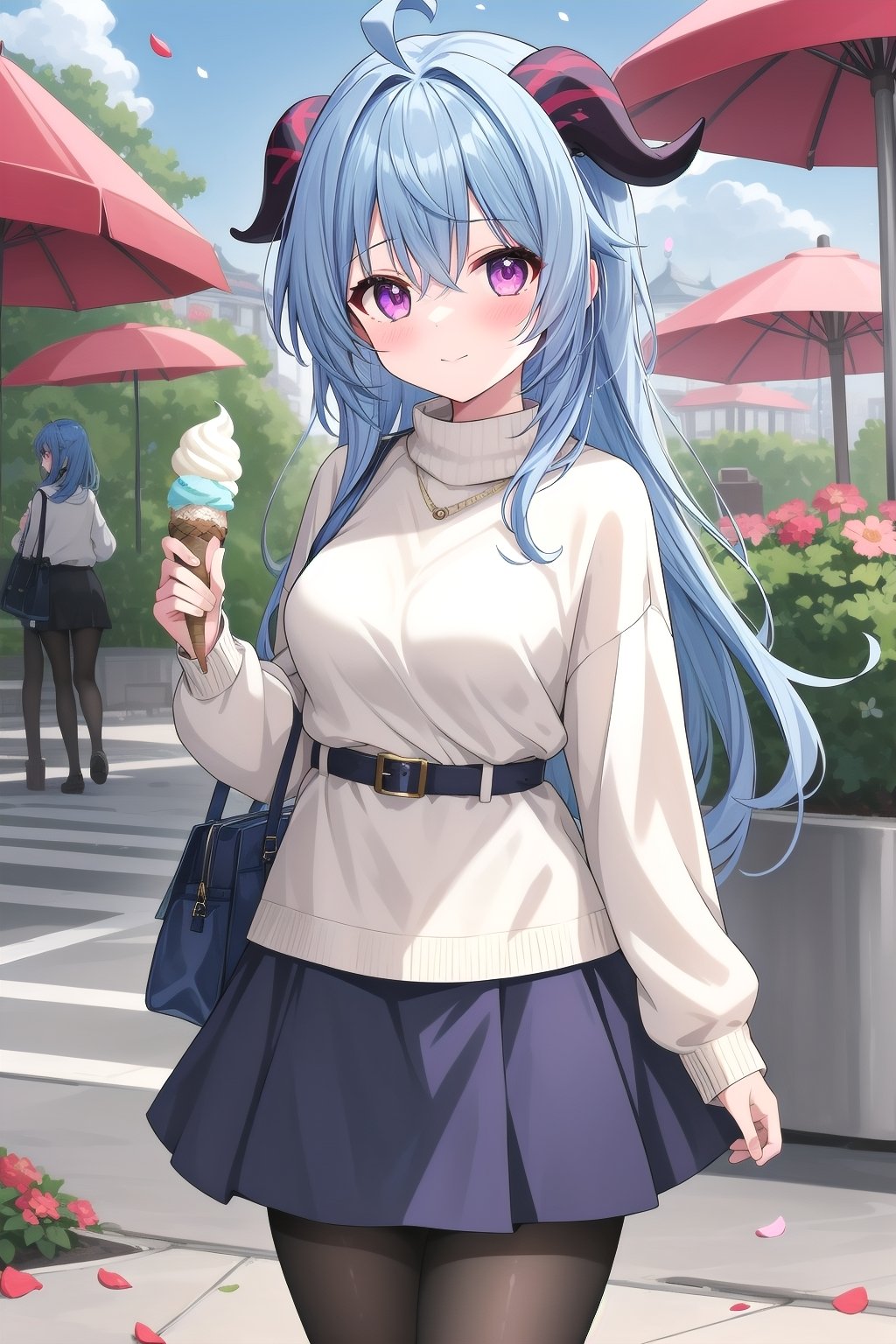 1girl, solo, long hair, breasts, looking at viewer, blush, bangs, long sleeves, dress, holding, hair between eyes, closed mouth, blue hair, purple eyes, flower, ahoge, pantyhose, sidelocks, outdoors, food, horns, sky, alternate costume, day, belt, cloud, bag, sweater, black pantyhose, petals, holding food, casual, handbag, ice cream, sweater dress, goat horns, falling petals, ice cream cone, purple sweater, ganyu \(genshin impact\)