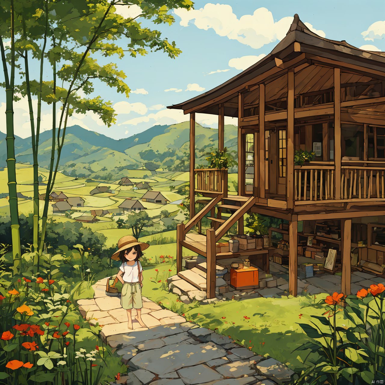 A child, about five or six years old, wearing a worn straw hat, a simple white short-sleeved shirt and shorts, standing barefoot next to a small house made of straw and bamboo. His face is filled with an innocent smile, his hands on his hips as if admiring his own little world. Surrounded by green rice fields, in the distance are rolling hills. High Detail,