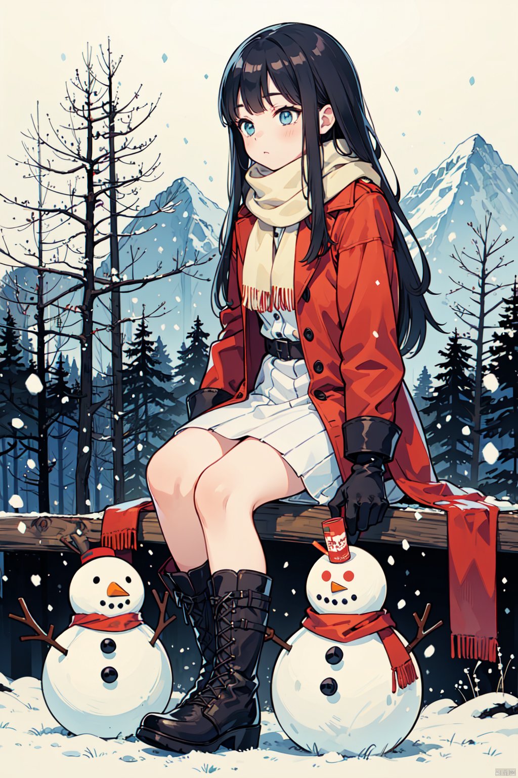  A girl with long hair, a scarf, a red coat, gloves, boots, she is a snowman, the forest is in the distance, it is snowing,watercolor, mdong