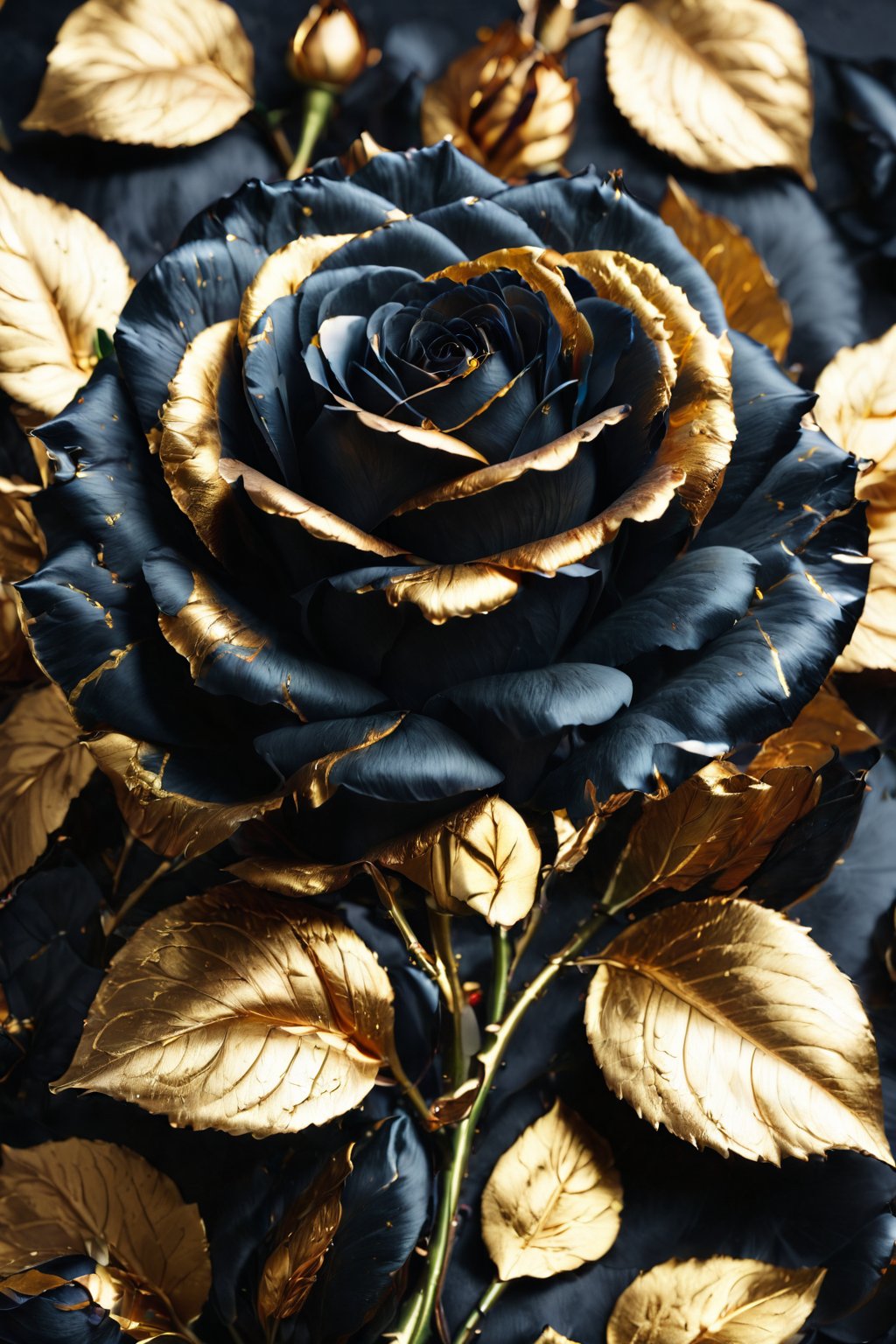 realistic black rose, golden details on petals, high resolution, ultra detailed texture, vibrant contrast, elegant design, by FuturEvoLab, (masterpiece: 2), best quality, ultra highres, original, perfect lighting, rich colors, 