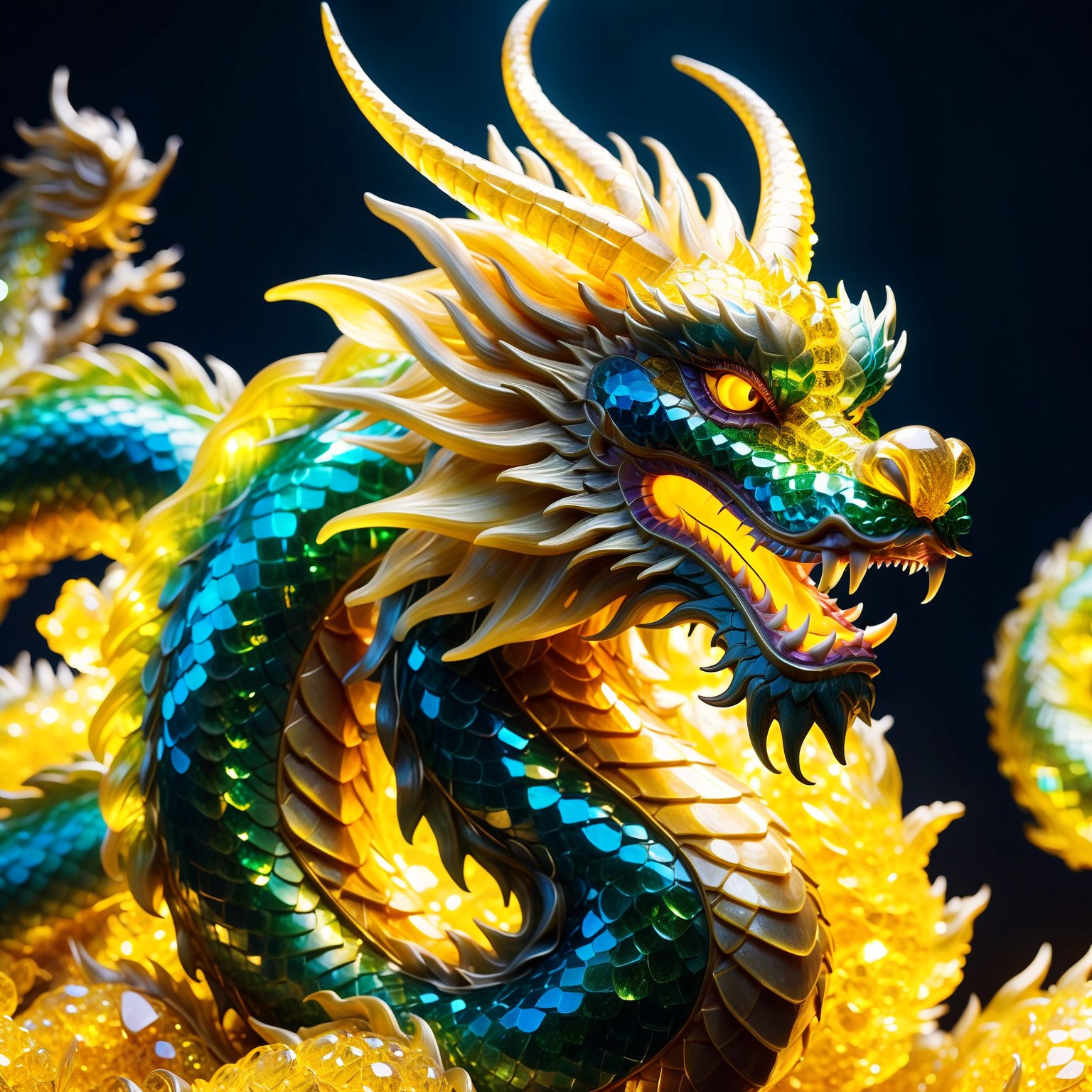 Chinese dragon made entirely of yellow crystal, shimmering and glowing, intricate yellow crystal texture, majestic and vibrant, radiant yellow hues, sparkling with light, by FuturEvoLab, (masterpiece: 2), best quality, ultra highres, original, extremely detailed, perfect lighting, fantasy theme, magical aura