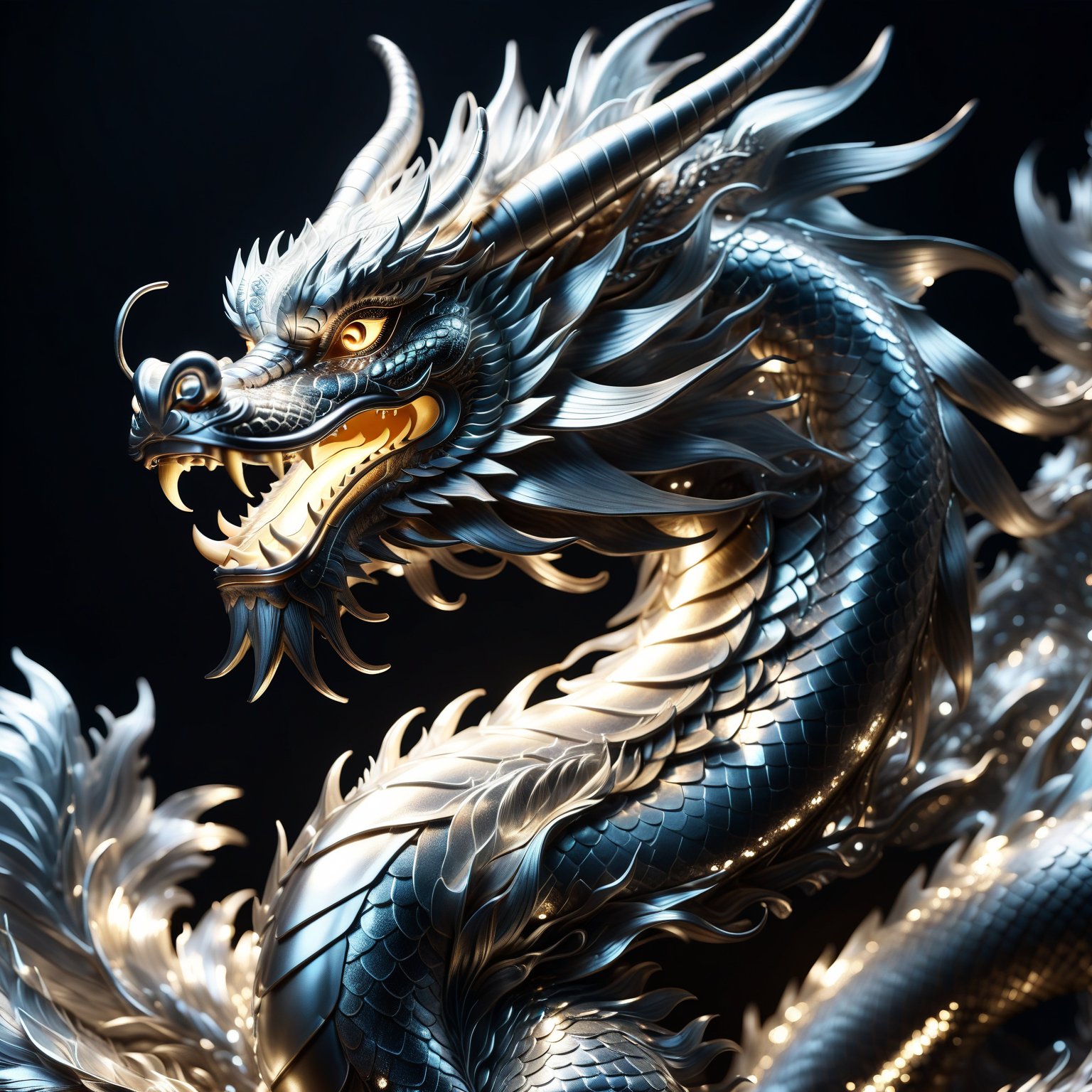 Chinese dragon made entirely of platinum, shimmering and glowing, intricate platinum texture, majestic and elegant, radiant silver hues, sparkling with light, by FuturEvoLab, (masterpiece: 2), best quality, ultra highres, original, extremely detailed, perfect lighting, fantasy theme, regal aura