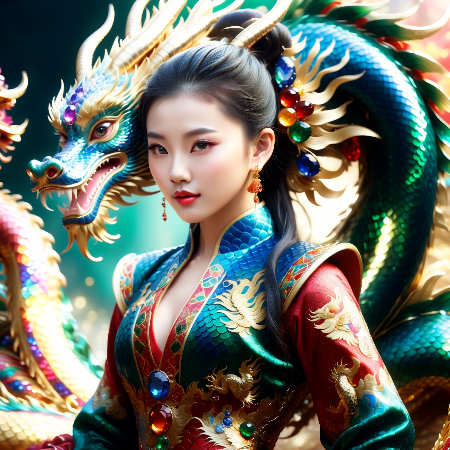 realistic style young girl, entire body adorned with gemstones, Chinese dragon form, scales sparkling with emeralds, rubies, sapphires, diamonds, intricate gem patterns, majestic appearance, rich colors, magical aura, fantasy theme, detailed craftsmanship, vibrant, luxurious, (masterpiece: 2), best quality, ultra highres, original, extremely detailed, perfect lighting