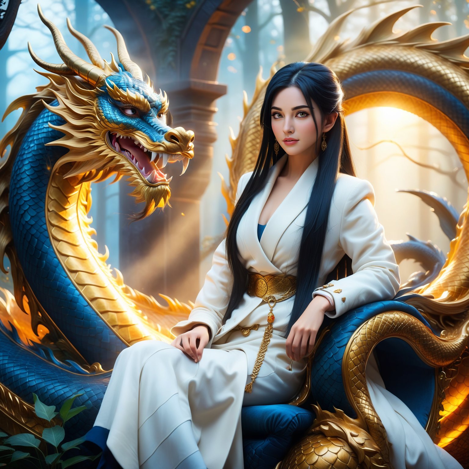 aesthetic beauty, HDR effect, high contrast, vibrant color, cinematic and ambient lighting, exquisite detail, warm and bright tones, ultra-realistic illustration, anime style, fantasy theme, golden dragon, beautiful Nordic girl with long straight black hair and gray eyes, wearing a white wool coat and indigo bracelet, sitting on a dragon-carved chair, dawn setting, romantic and mystical atmosphere, dynamic lighting, digital painting style, detailed mist-shrouded forest, dreamy and rich colors, by FuturEvoLab, high resolution