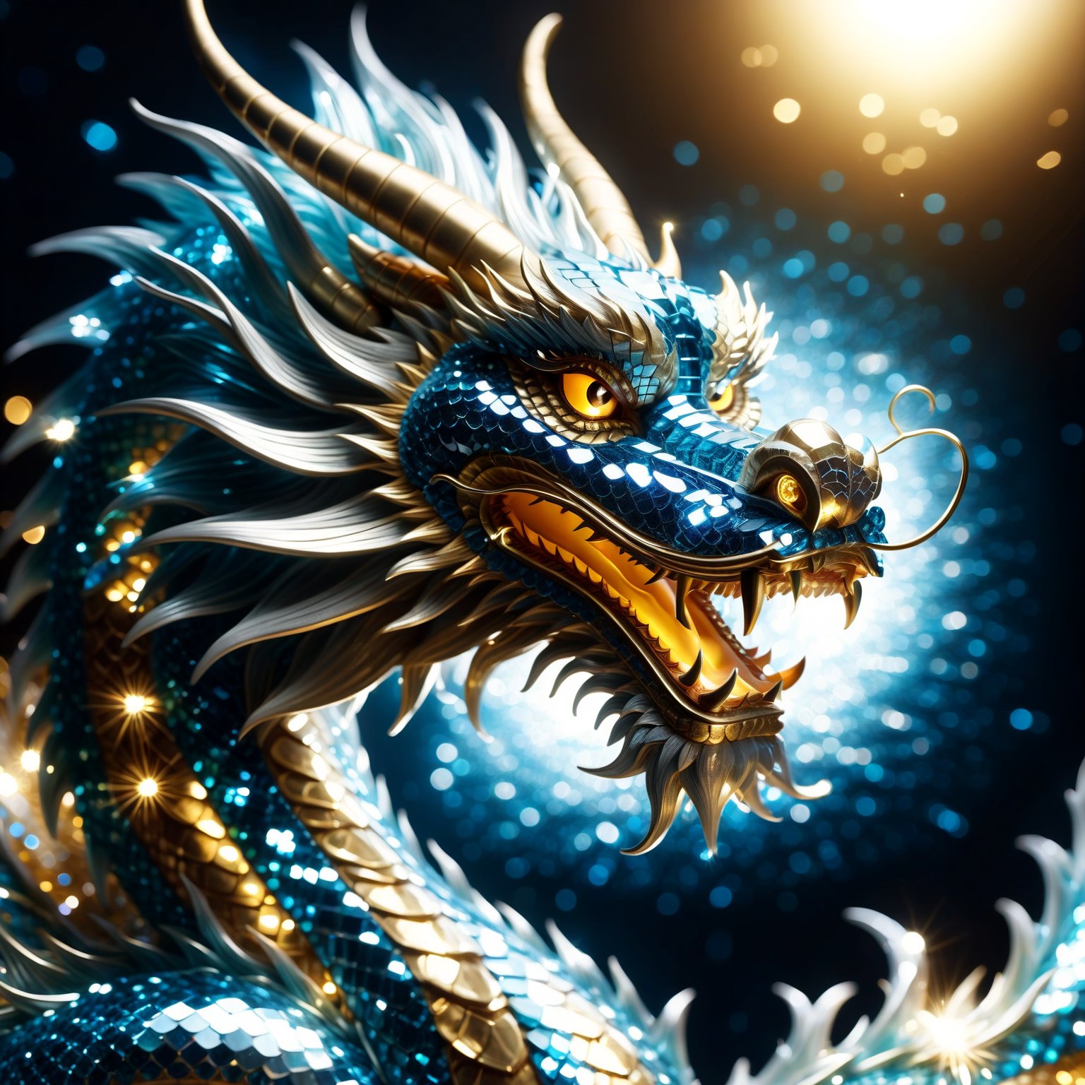 Chinese dragon made entirely of diamonds, shimmering and sparkling, intricate diamond texture, majestic and luxurious, radiant and clear, sparkling with brilliant light, by FuturEvoLab, (masterpiece: 2), best quality, ultra highres, original, extremely detailed, perfect lighting, fantasy theme, regal and elegant aura