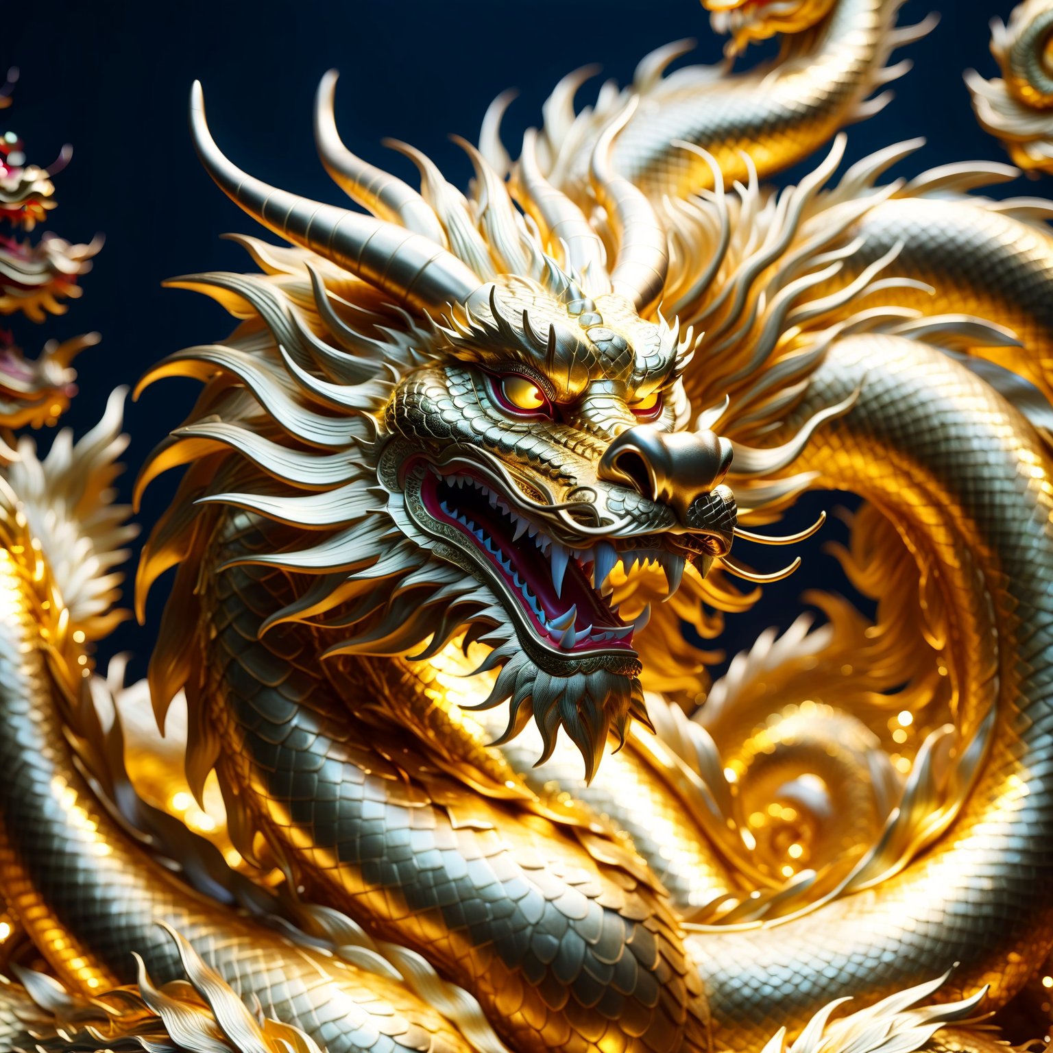 Chinese dragon made entirely of gold, shimmering and glowing, intricate gold texture, majestic and luxurious, radiant golden hues, sparkling with light, by FuturEvoLab, (masterpiece: 2), best quality, ultra highres, original, extremely detailed, perfect lighting, fantasy theme, regal aura