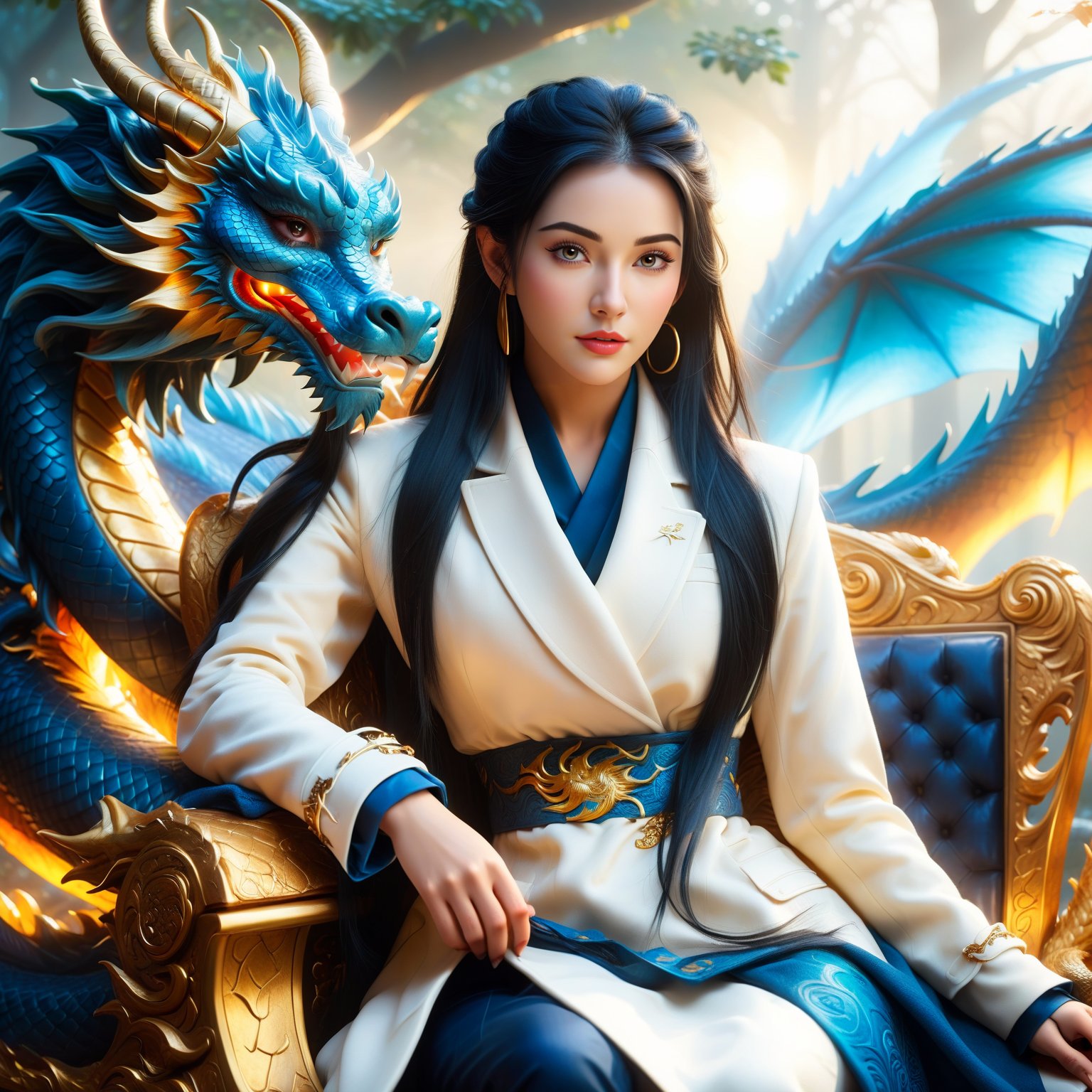 aesthetic beauty, HDR effect, high contrast, vibrant color, cinematic and ambient lighting, exquisite detail, warm and bright tones, ultra-realistic illustration, anime style, fantasy theme, golden dragon, beautiful Nordic girl with long straight black hair and gray eyes, wearing a white wool coat and indigo bracelet, sitting on a dragon-carved chair, dawn setting, romantic and mystical atmosphere, dynamic lighting, digital painting style, detailed mist-shrouded forest, dreamy and rich colors, by FuturEvoLab, high resolution