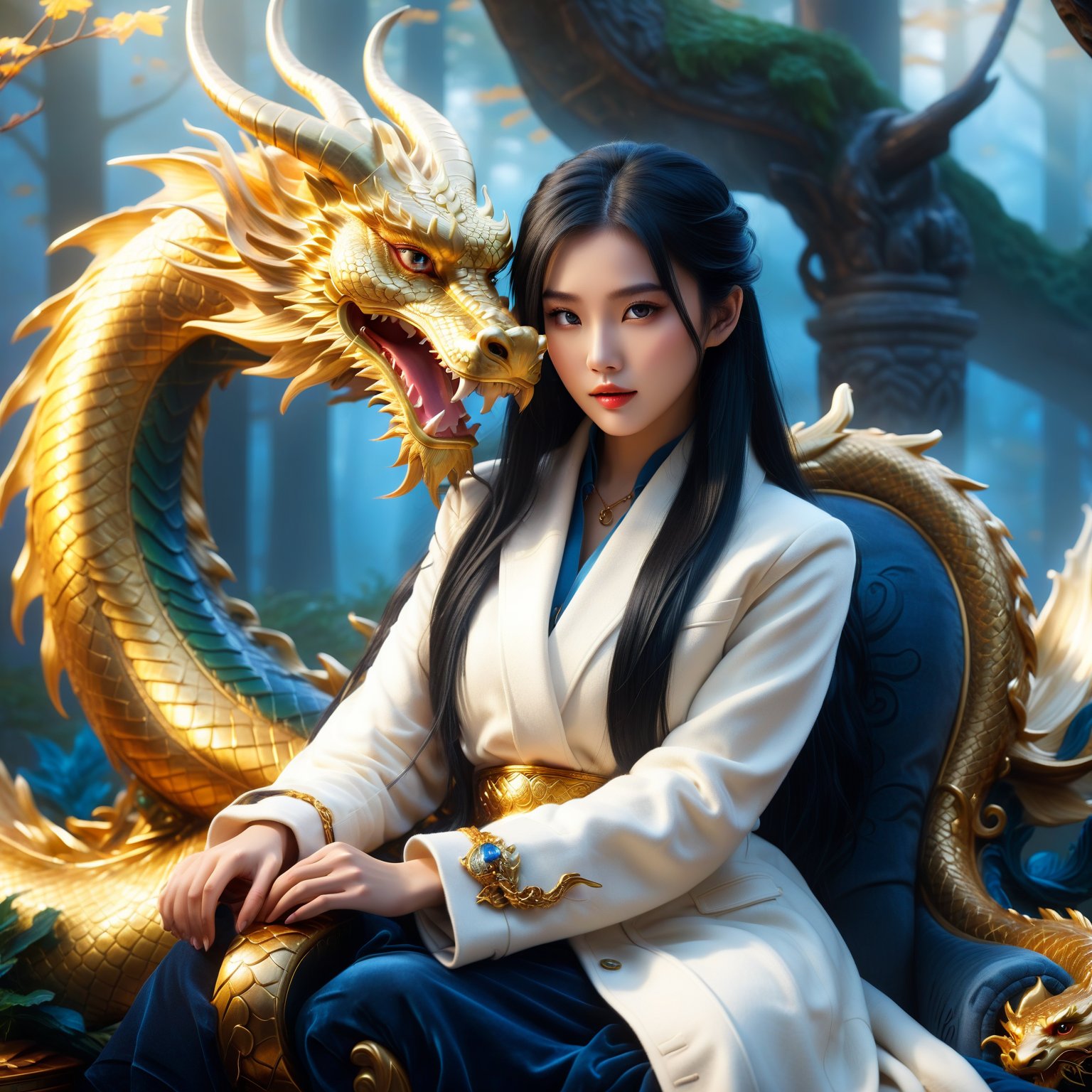 aesthetic beauty, HDR effect, high contrast, vibrant color, cinematic and ambient lighting, exquisite detail, warm and bright tones, ultra-realistic illustration, anime style, fantasy theme, golden dragon, beautiful Nordic girl with long straight black hair and gray eyes, wearing a white wool coat and indigo bracelet, sitting on a dragon-carved chair, dawn setting, romantic and mystical atmosphere, dynamic lighting, digital painting style, detailed mist-shrouded forest, dreamy and rich colors, by FuturEvoLab, high resolution