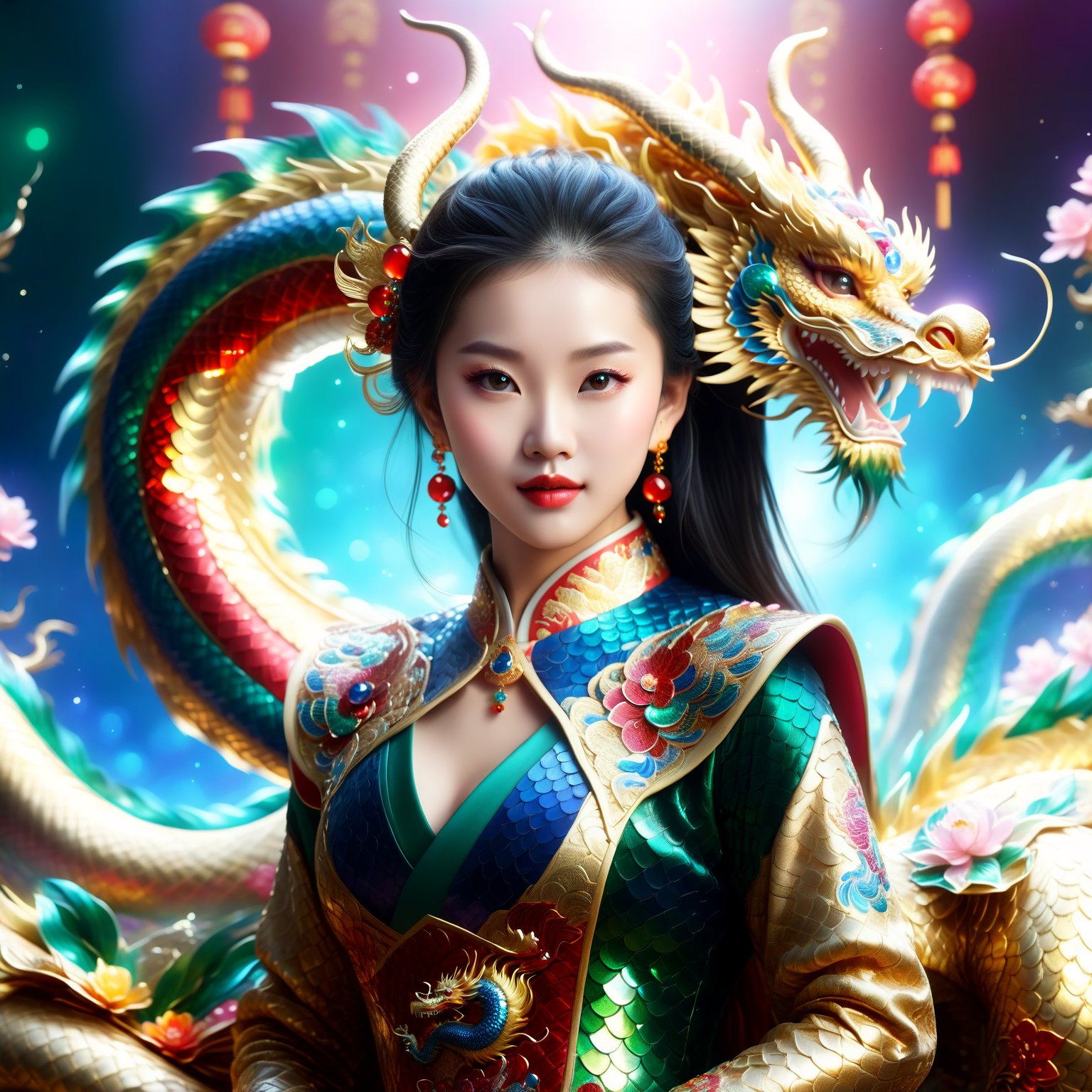 realistic style young girl, entire body adorned with gemstones, Chinese dragon form, scales sparkling with emeralds, rubies, sapphires, diamonds, intricate gem patterns, majestic appearance, rich colors, magical aura, fantasy theme, detailed craftsmanship, vibrant, luxurious, (masterpiece: 2), best quality, ultra highres, original, extremely detailed, perfect lighting