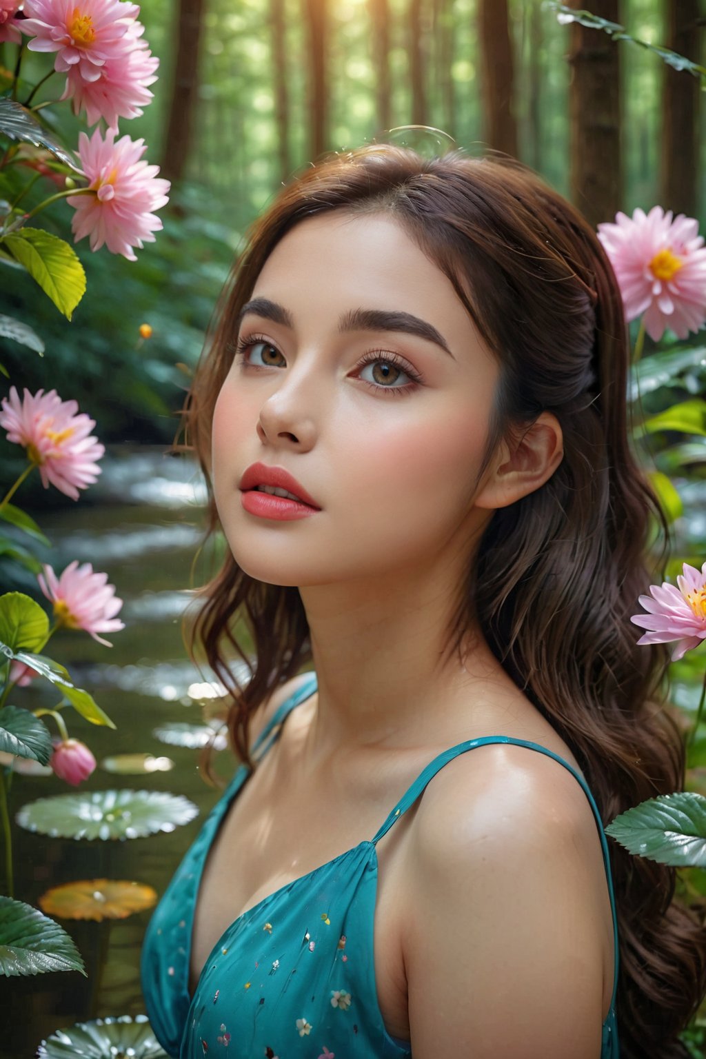 score_9, score_8_up, score_7_up, score_6_up, score_5_up, score_4_up, Masterpiece, Best quality, UHD, 8K, Absurdres, Highly detailed, Studio lighting, Ultra-fine painting, Sharp focus, girl in a forest with floating flowers, river, puffy, puffy cheeks, cute, vibrant colors, colorful art style, soft lighting, soft shadows, detailed textures, dynamic lighting, nice hands, perfect hands,