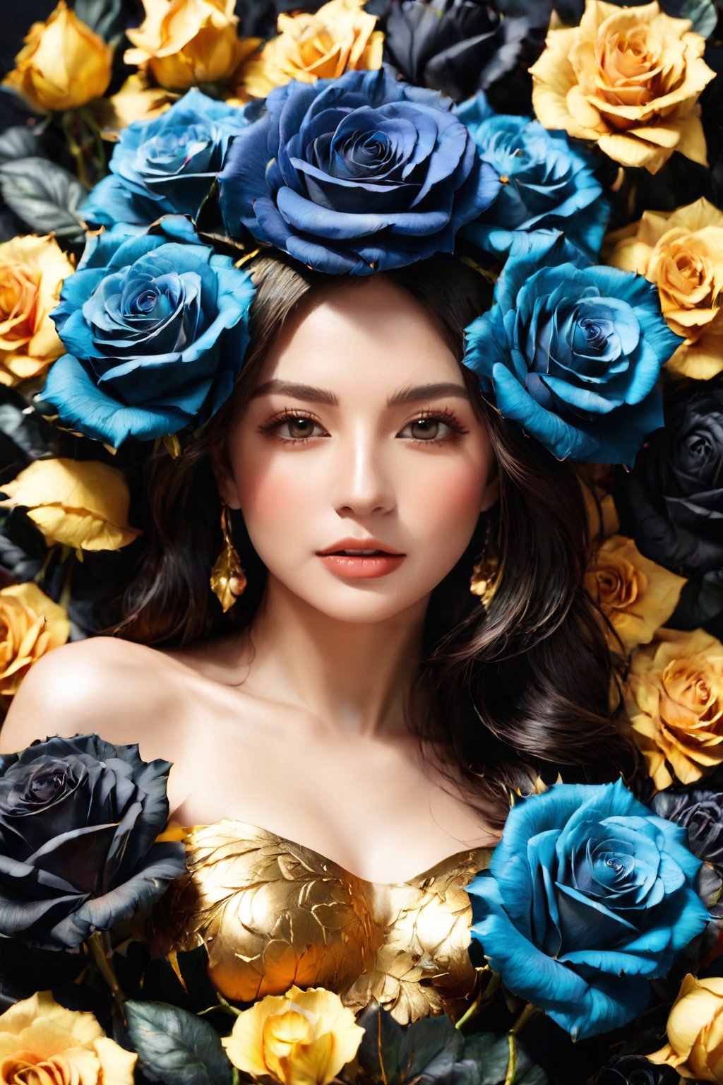 Woman with a mysterious face, surrounded by realistic flowers and Gold Edged Black Roses, high resolution, ultra detailed, vibrant colors, by FuturEvoLab, (masterpiece: 2), best quality, perfect lighting, rich textures, harmonious composition