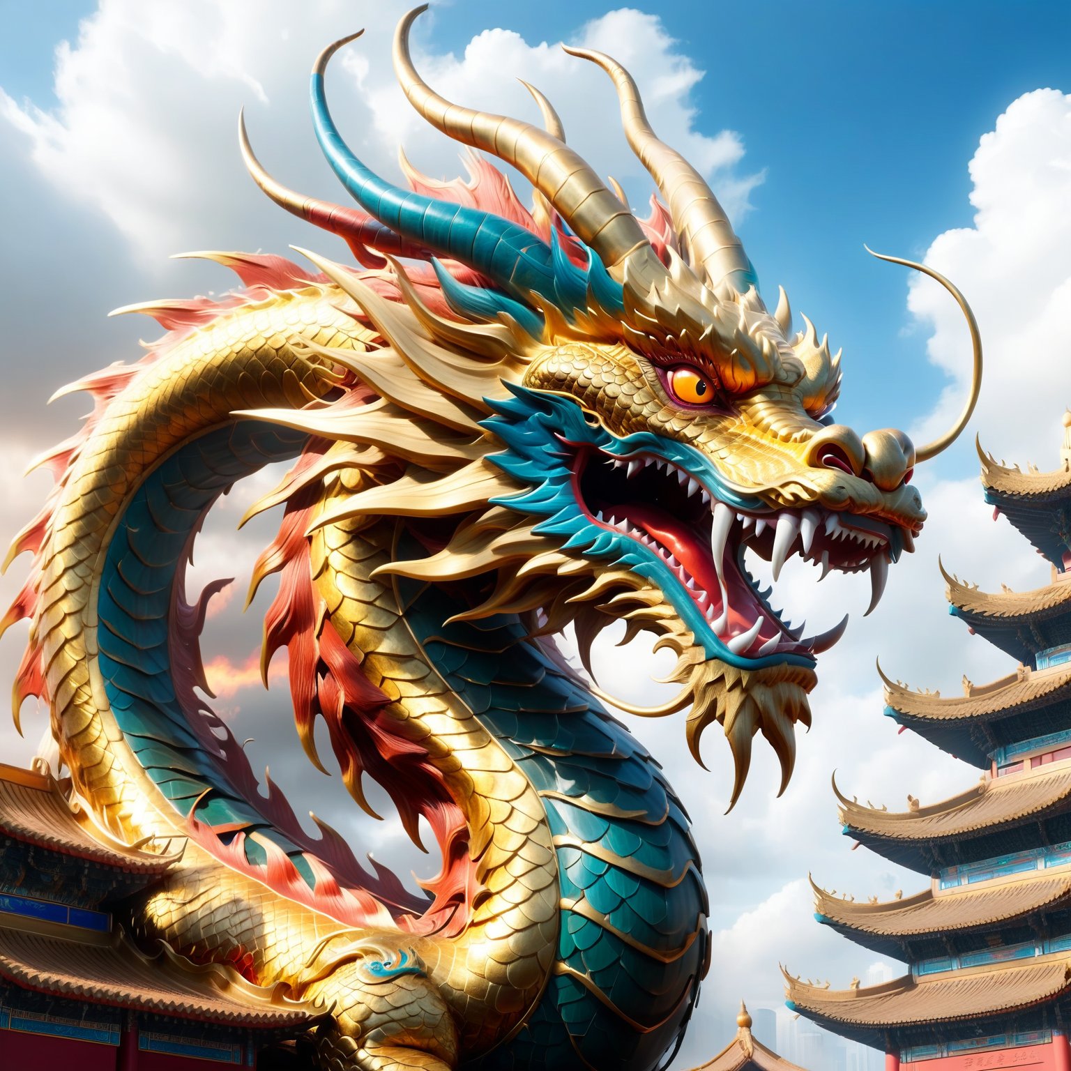 Best quality, masterpiece, ultra high res, no humans, (long:1.2), cloud, architecture, East Asian architecture, red eyes, horns, open mouth, sky, fangs, Chinese dragon, cloudy sky, teeth, flying, fire, bird, wings, long, EpicArt (Masterpiece, Best Quality, 8k:1.2), (Ultra-Detailed, Highres, Extremely Detailed, Absurdres, Incredibly Absurdres, Huge Filesize:1.1), Golden oriental dragon, Cyberpunk, Golden Chinese Dragon, Oriental Dragon, 