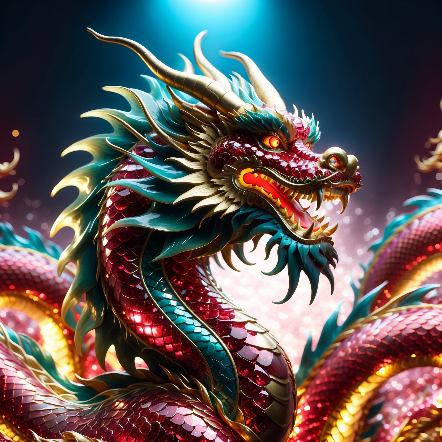 Chinese dragon made entirely of rubies, shimmering and glowing, intricate ruby texture, majestic and elegant, radiant red hues, sparkling with light, by FuturEvoLab, (masterpiece: 2), best quality, ultra highres, original, extremely detailed, perfect lighting, fantasy theme, regal aura