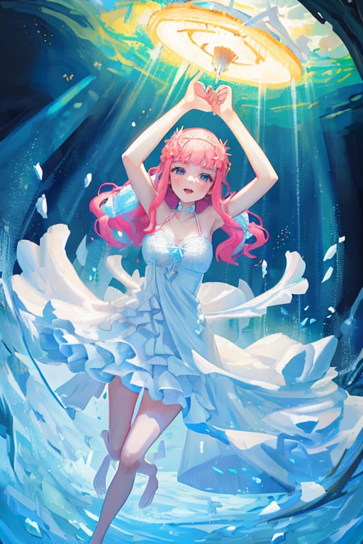 (sparkling coralbone), flowing dress, ((((daydream style)))), (maiden theme),cloudstick