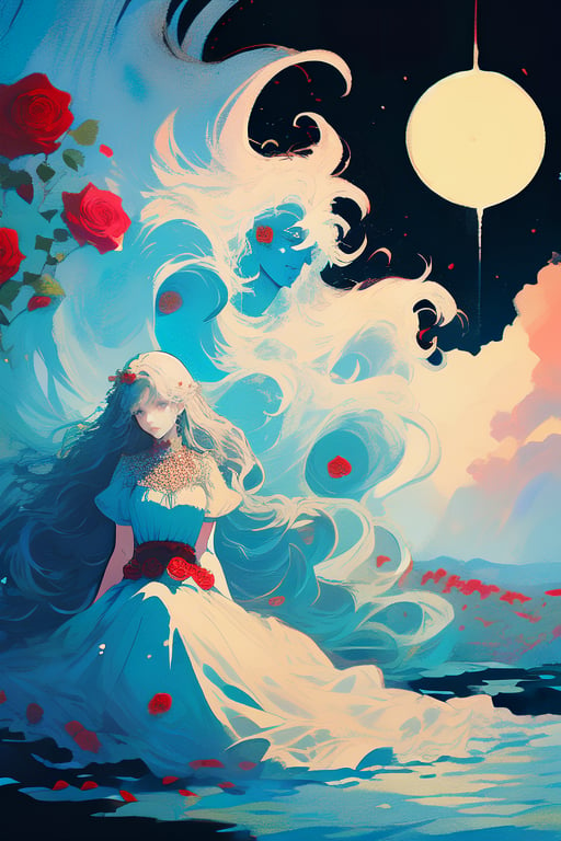 lady of roses, flowing hair, (daydream style) surreal, flowing dress,nodf_lora