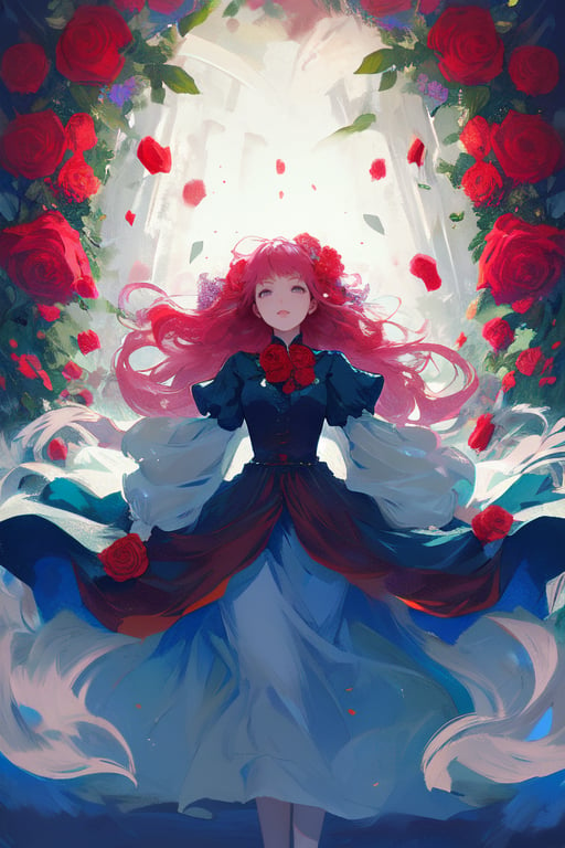 lady of roses, flowing hair, (daydream style) surreal, flowing dress