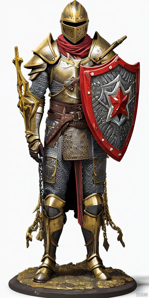  solo, simple background, white background,
 A shield shaped like a pentagram,Black armor
holding, standing, full body, male focus, belt, armor, helmet,Golden Shield, tabard, knight, full armor, holding shield, chainmail,Shield defense,cross, Shield, Sculpted Hand-Painted Figure,ruby,
