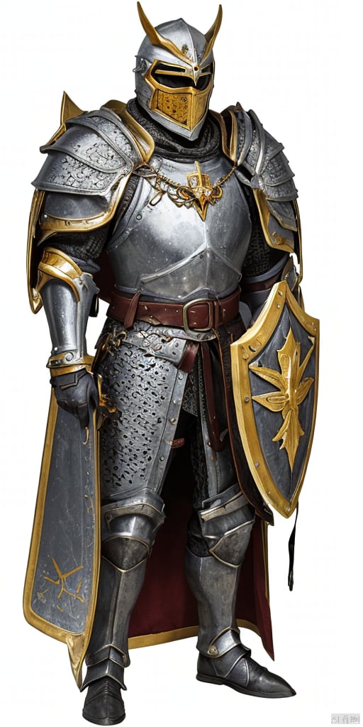  solo, simple background, white background,
 A shield shaped like a pentagram,Black armor
holding, standing, full body, male focus, belt, armor, helmet,Golden Shield, tabard, knight, full armor, holding shield, chainmail,Shield defense,cross, Shield, Sculpted Hand-Painted Figure,ruby, Sculpted, Owl