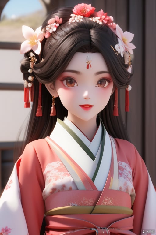 1girl, jueshimeinv,flower, hair ornament, hair flower, looking at viewer,laugh,open mouth,red lips,delicate face,((wear red traditional gogerous hanfu)), pink flower, brown eyes, jewelry, black hair, indoors,((bird)),flower forehead red mark, floral print, happy,laugh,Ancient coiled hair,A very complex palace hair bun,3d stely,upper body,super details,