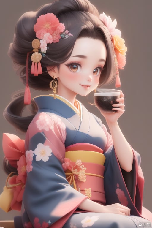 1girl, jueshimeinv,flower, hair ornament, hair flower, looking at viewer,((wear blue japanese clothes)), pink flower, kimono, sitting,drink tea, earrings, brown eyes, jewelry, black hair, simple background, pink kimono, floral print, happy,laugh,Ancient coiled hair,A very complex palace hair bun,upper body