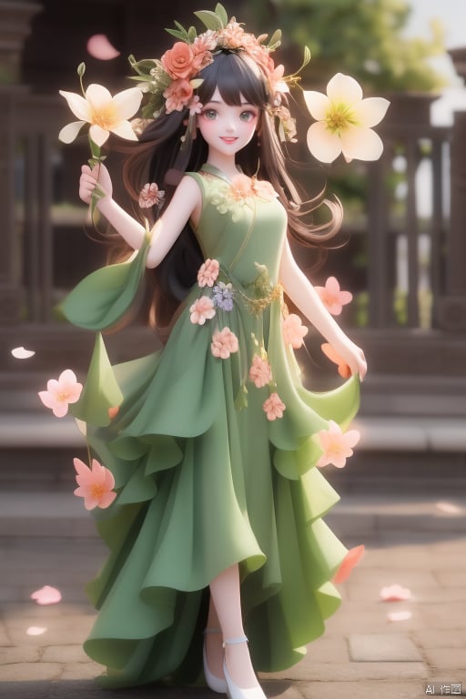 1girl, solo, flower, hair ornament, hair flower, looking at viewer, wear green dress,happy,smile,laugh,front view,full body,gogerous dress,Ancient coiled hair