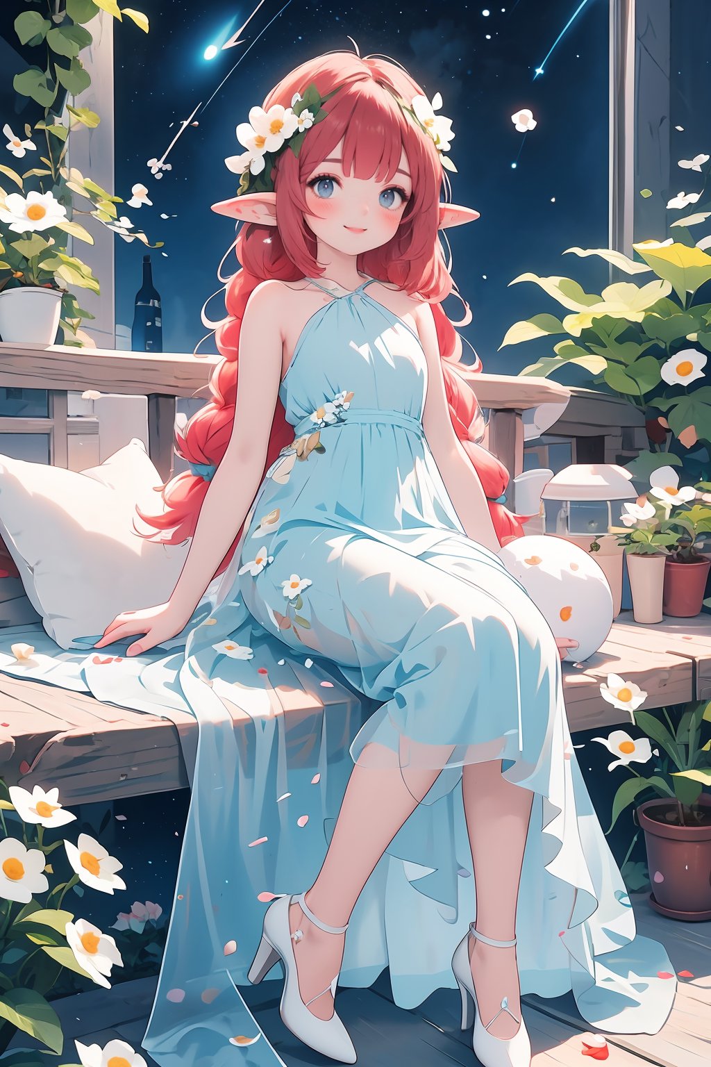 masterpiece,best quality, 1girl,solo,long hair,flower,blue dress,purple eyes,white flower,sitting,bangs,hair ornament,night,hair flower,high heels,white footwear,see-through,sky,shooting star,plant,sleeveless dress,braid,star (sky),potted plant,smile,sleeveless,night sky,bare shoulders,starry sky,red hair,full body,strap slip,petals,blush,indoors,bare arms,jewelry,looking at viewer,pointy ears,elf,head wreath,blunt bangs