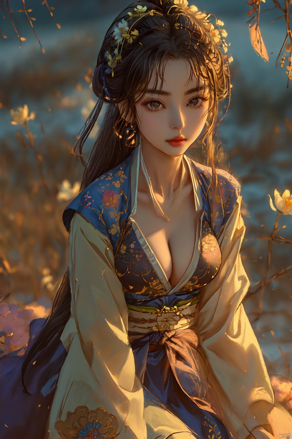  (Masterpiece:1.2, high quality),(pixiv:1.4),Eyebrows like willow leaves,The face is as beautiful as a flower,the eyes are tender. Small waist,big breasts,revealing cleavage; Lips slightly open,seductive expression.,girl,, mwuxia, mxianv, mgirl