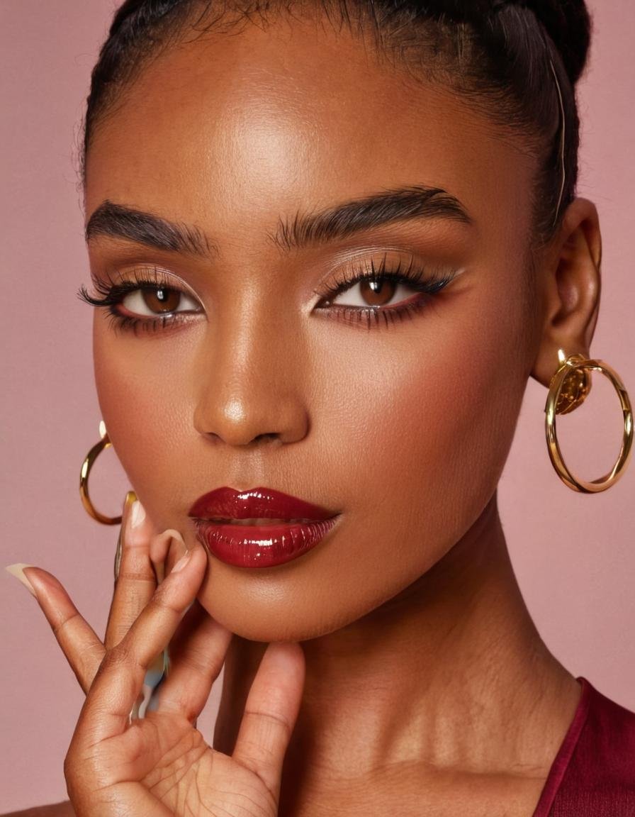 jewelry, hoop earrings, brown eyes, realistic, black hair, dark skin, lips, dark-skinned female, portrait, finger to mouth, close-up, looking at viewer, eyelashes, nose, shiny <lora:Modern_MakeUp-000003:.75>, , <lora:FILM_PHOTOGRAPHY_STYLE:0.25>