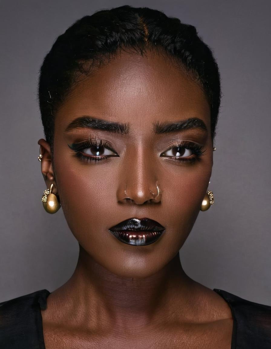 very dark skin, jewelry, earrings, dark-skinned female, black hair, black eyes, very short hair, portrait, mole on cheek, makeup, parted lips, eyeshadow, realistic, looking at viewer, black shirt, piercing, nose, mole above mouth, simple background, close-up, eyeliner, thick eyebrows, lipstick, shadow, teeth <lora:Modern_MakeUp-000003:.75>, , <lora:FILM_PHOTOGRAPHY_STYLE:0.25>