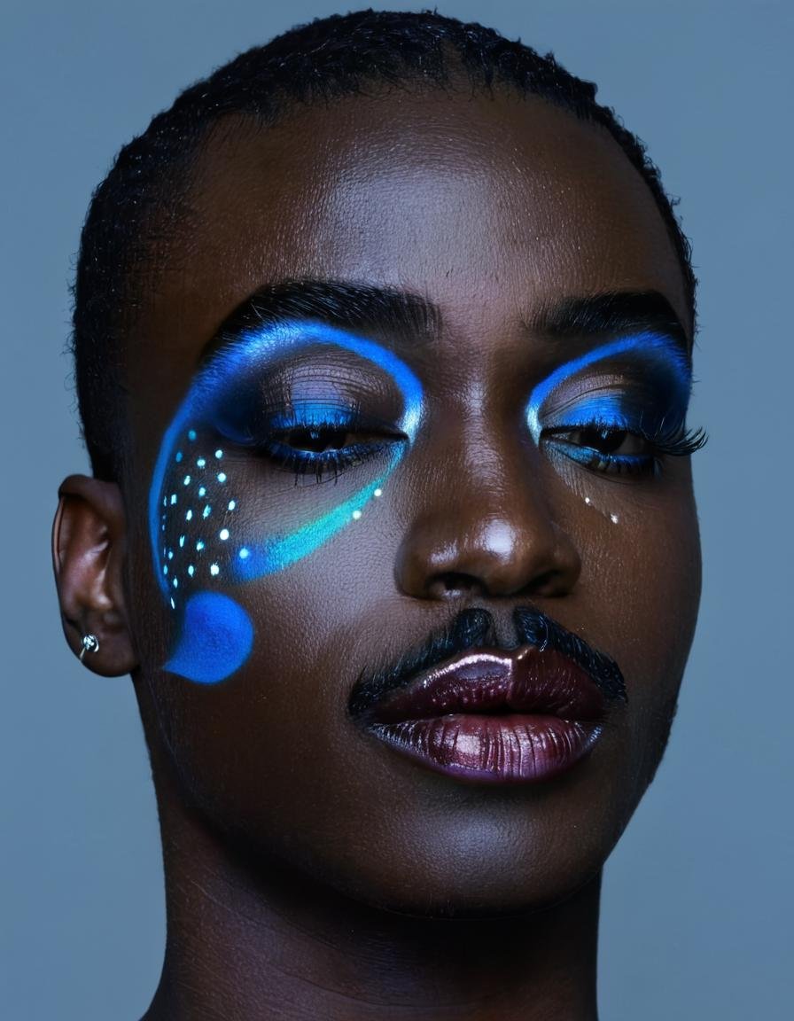 masterpiece, very dark skin, nose piercing, jewelry, closed eyes, earrings, blue lips, dark-skinned male, portrait, makeup, simple background, ear piercing, mustache, facial hair, very short hair, realistic, facing viewer, bald, blue tongue, white background, lipstick, grey background, eyeshadow,studio lighting, cold light, UHD, 8k, DSLR, Canon EOS4 <lora:Modern_MakeUp-000003:.75>, , <lora:FILM_PHOTOGRAPHY_STYLE:0.25>