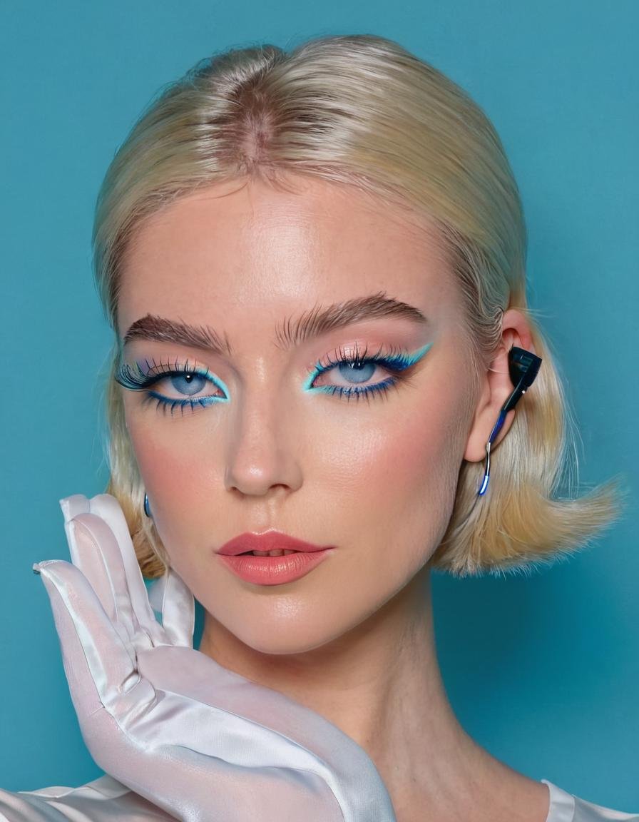masterpiece, jewelry, blue eyes, hoop earrings, earphones, short hair, makeup, blonde hair, parted lips, earbuds, eyeshadow, portrait, looking at viewer, eyelashes, blue background, nose, mascara, realistic, eyeliner, simple background, gloves, lipstick, close-up,studio lighting, cold light, UHD, 8k, DSLR, Canon EOS4 <lora:Modern_MakeUp-000003:.75>, , <lora:FILM_PHOTOGRAPHY_STYLE:0.25>