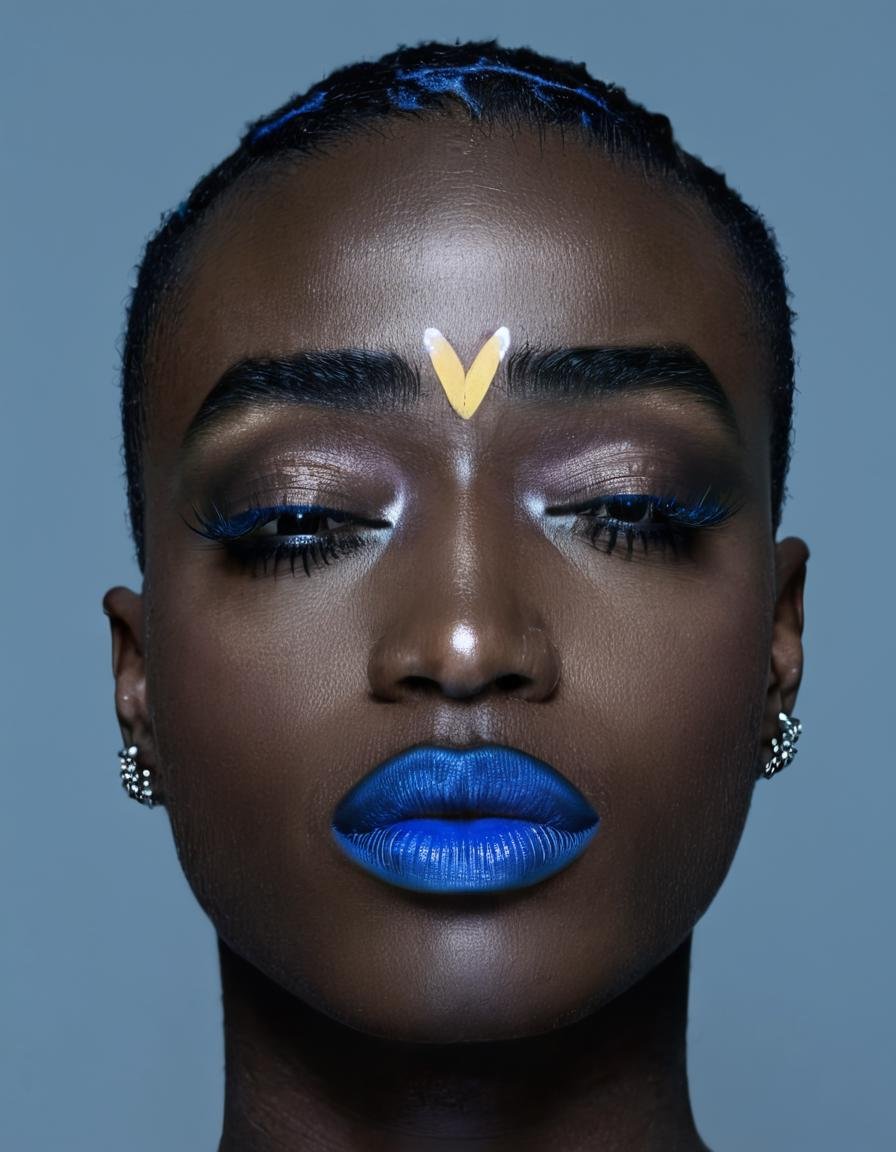 masterpiece, very dark skin, nose piercing, jewelry, closed eyes, earrings, blue lips, dark-skinned male, portrait, makeup, simple background, ear piercing, mustache, facial hair, very short hair, realistic, facing viewer, bald, blue tongue, white background, lipstick, grey background, eyeshadow,studio lighting, cold light, UHD, 8k, DSLR, Canon EOS4 <lora:Modern_MakeUp-000003:.75>, , <lora:FILM_PHOTOGRAPHY_STYLE:0.25>