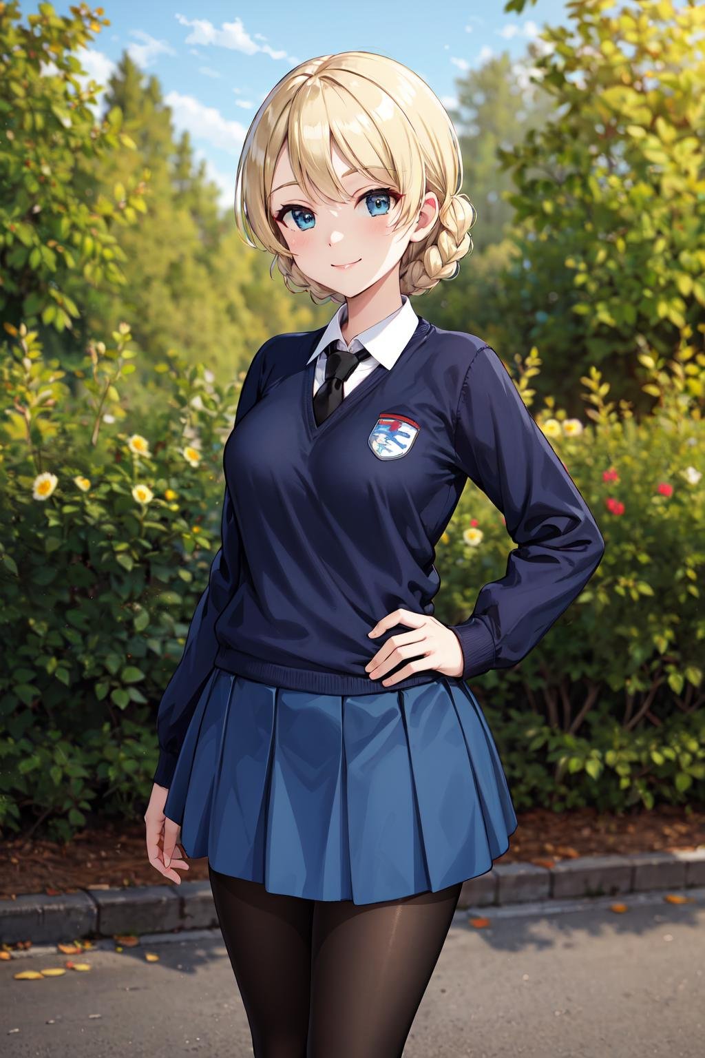 masterpiece,best quality,highres,ultra-detailed,aadarjeeling,short hair,braid,bangs,st. gloriana's school uniform,blue sweater,emblem,black necktie,shirt,long sleeves,blue skirt,pantyhose,black pantyhose,loafers,black footwear,<lora:darjeeling:0.8>,outdoors,standing,:smile,cowboy shot,