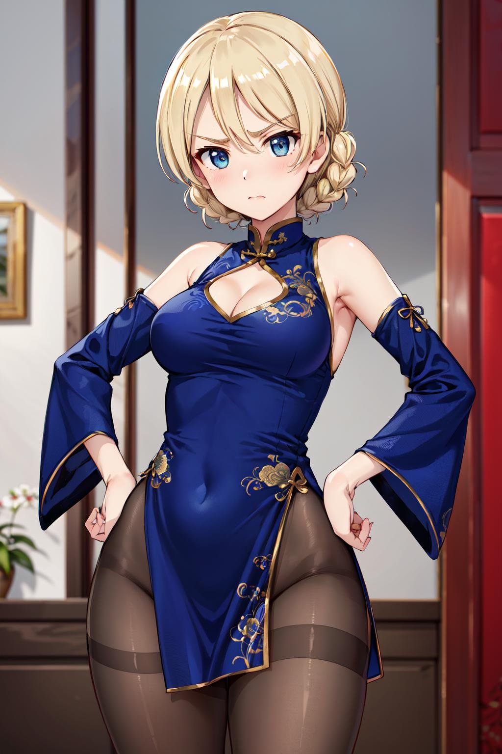 masterpiece,best quality,highres,ultra-detailed,aadarjeeling,short hair,braid,bangs,pantyhose,black pantyhose,<lora:darjeeling:0.8>,bare shoulders,china dress,chinese clothes,short dress,cleavage cutout,sideboob,thighs,hands_on_hips,(furrowed_brow:1.2),indoors,front view,from_below,