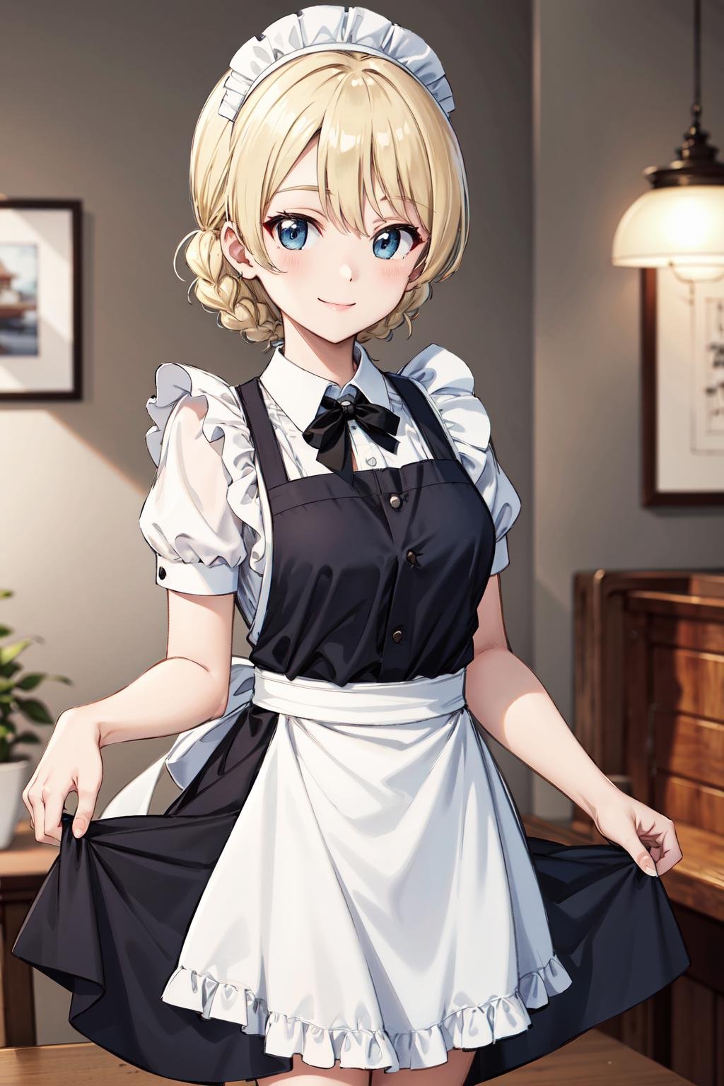 masterpiece,best quality,highres,ultra-detailed,aadarjeeling,short hair,braid,bangs,<lora:darjeeling:0.8>,indoors,cafe,maid,maid headdress,apron,(skirt hold:1.2),standing,cowboy shot,smile,