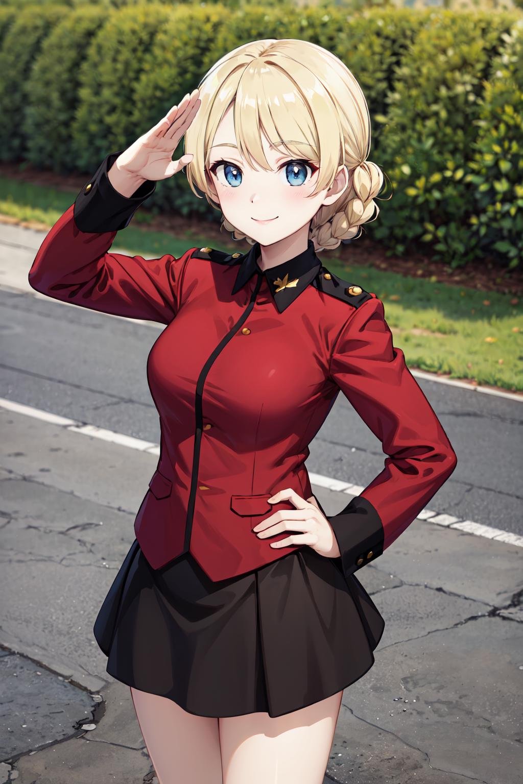 masterpiece,best quality,highres,ultra-detailed,bbdarjeeling,short hair,braid,bangs,st. gloriana's military uniform,epaulettes,(red jacket:1.2),long sleeves,black skirt,boots,black footwear,<lora:darjeeling:0.8>,outdoors,standing,cowboy shot,smile,salute,