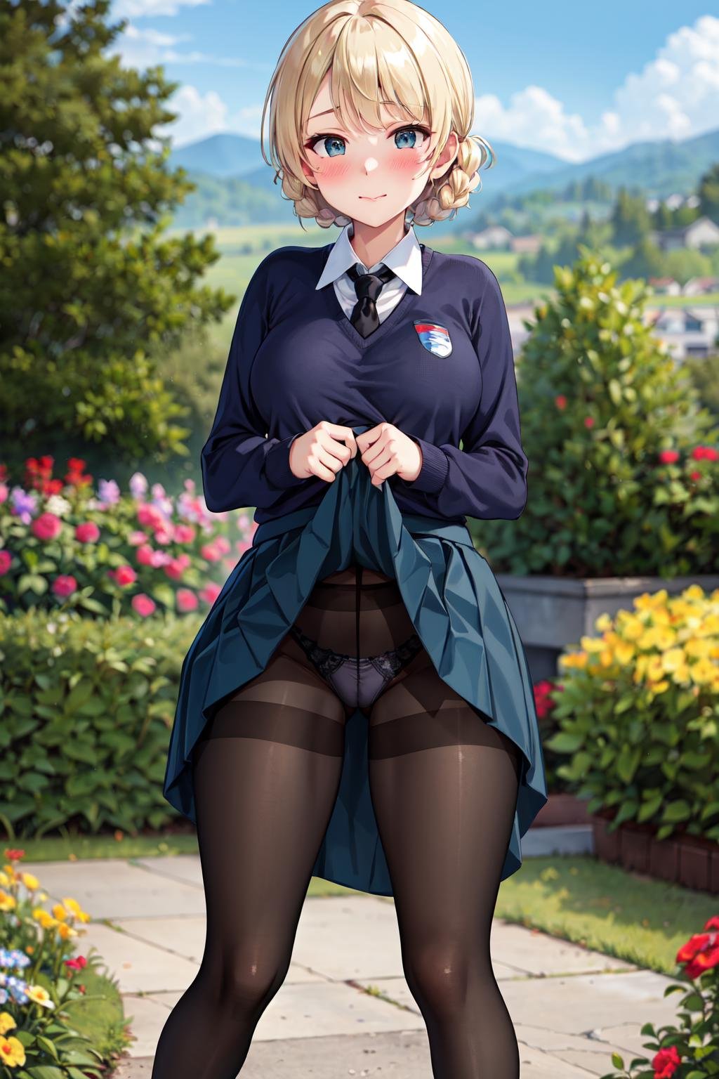 masterpiece,best quality,highres,ultra-detailed,aadarjeeling,short hair,braid,bangs,st. gloriana's school uniform,blue sweater,emblem,black necktie,shirt,long sleeves,blue skirt,pantyhose,black pantyhose,loafers,black footwear,<lora:darjeeling:0.8>,(skirt lift:1.4),(pants over pantyhose:1.4),(blush:1.2),(embarrass:1.4),outdoors,garden,lace-trimmed panties,