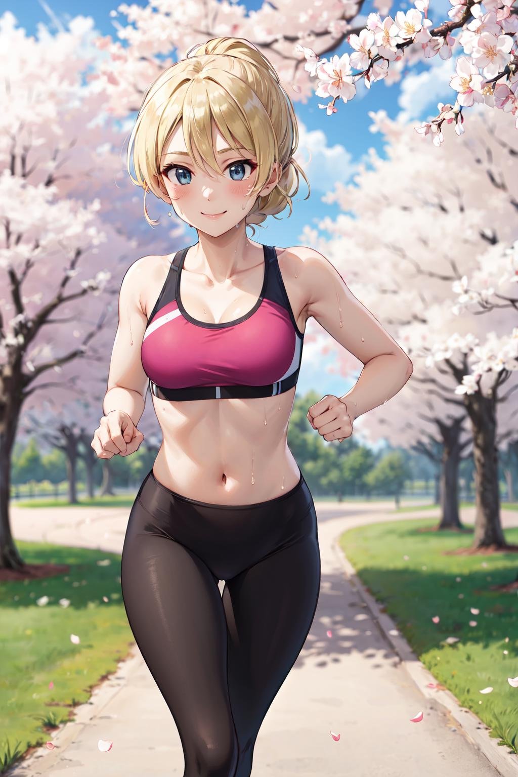 masterpiece,best quality,highres,ultra-detailed,aadarjeeling,short hair,braid,bangs,<lora:darjeeling:0.8>,sports bra,(leggings:1.2),outdoors,cherry blossoms,smile,sweat,running,ponytail,