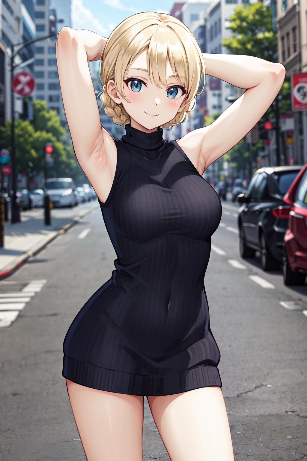 masterpiece,best quality,highres,ultra-detailed,aadarjeeling,short hair,braid,bangs,<lora:darjeeling:0.8>,(sweater:1.2),(turtleneck:1.2),street,smile,standing,(sleeveless:1.4),arm_behind_head,arms_up,cowboy shot,