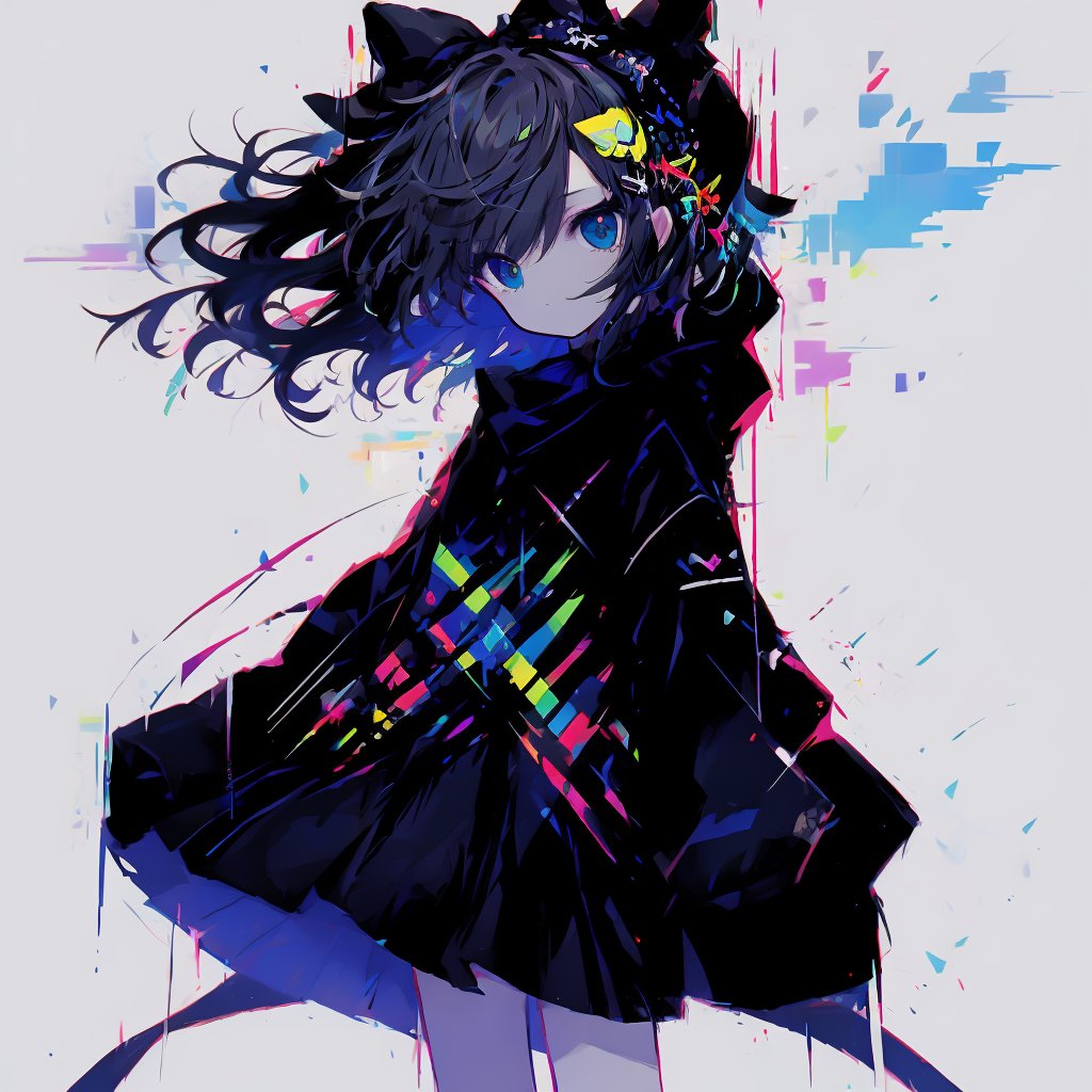 glitchcore, 1girl, solo, black hair, looking at viewer, long sleeves, hair bow, bow, blue eyes, hair ornament, heart, bangs, black bow, jacket, cowboy shot, glitch, medium hair, standing, abstract background, black dress, black jacket, closed mouth, hood, dress<lora:glitchcore:0.9>,