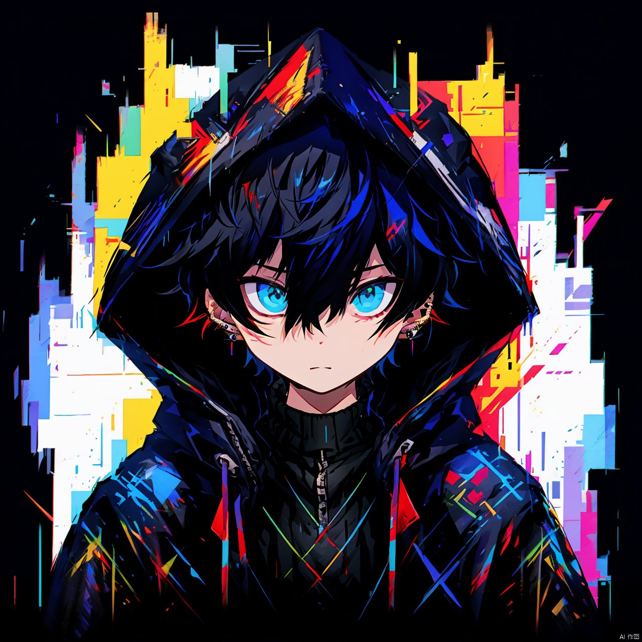 glitchcore, blue eyes, solo, male focus, hood, 1boy, hood up, earrings, black hair, looking at viewer, upper body, jewelry, jacket, hair between eyes, glitch, black jacket, closed mouth, sweater, turtleneck, short hair, black sweater, black background, hooded jacket, open jacket, bangs, turtleneck sweater