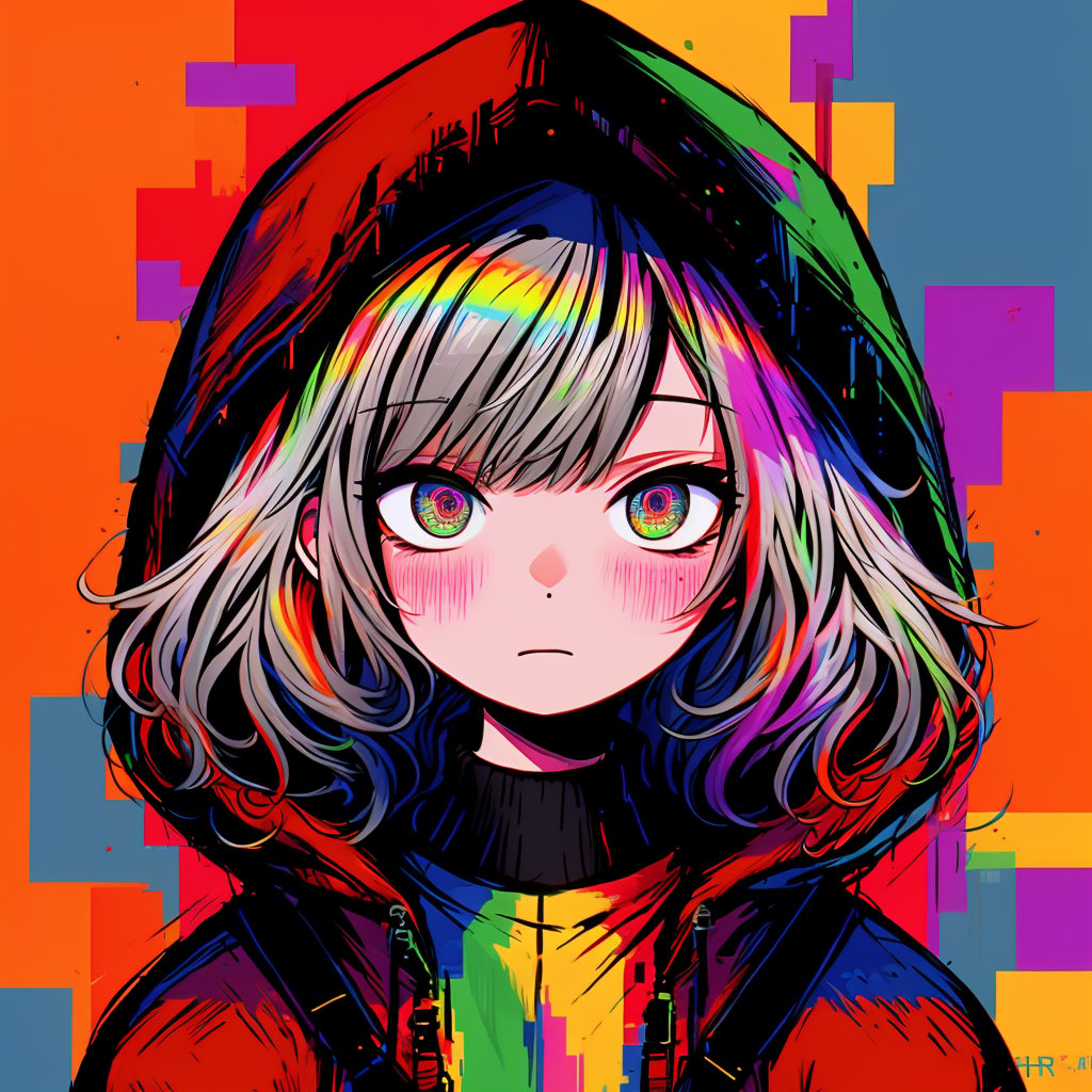 glitchcore, 1girl, solo, upper body, jacket, looking at viewer, hood, bangs, multicolored eyes, closed mouth, blush, turtleneck, black sweater, sweater, medium hair, turtleneck sweater, abstract background, hooded jacket, red eyes, grey hair, hood up, multicolored background, short hair, zipper<lora:glitchcore:0.8>,