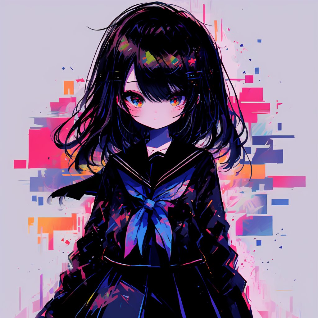 glitchcore,1girl,solo,school uniform,serafuku,black hair,looking at viewer,skirt,black serafuku,black skirt,sailor collar,red eyes,shirt,bangs,black sailor collar,neckerchief,black shirt,long sleeves,abstract,medium hair,hair between eyes,upper body,blue eyes,closed mouth,abstract background,pleated skirt,colorful,blue background,glitch,<lora:glitchcore:0.8>,