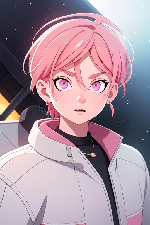photorealistic, (4k), depth of field, (Masterpiece), (realistic skin texture), extremely detailed, intricate, hyper detailed, high resolution, professional photography, , depth of field, sharp detail, best quality, , 1boy, solo, male focus, <lora:reo_maruyama:0.94>, reo_maruyama, pink hair, pink eyes, , space opera, 8k resolution