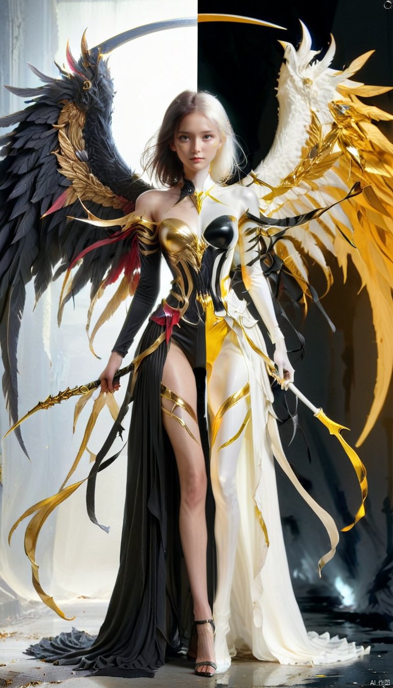  ,(1girl:1.2),wings,(solo:1.2),((left and right different colors)),color patches,contrast,concept clothing,garment draping,left gold right black, wielding a scythe