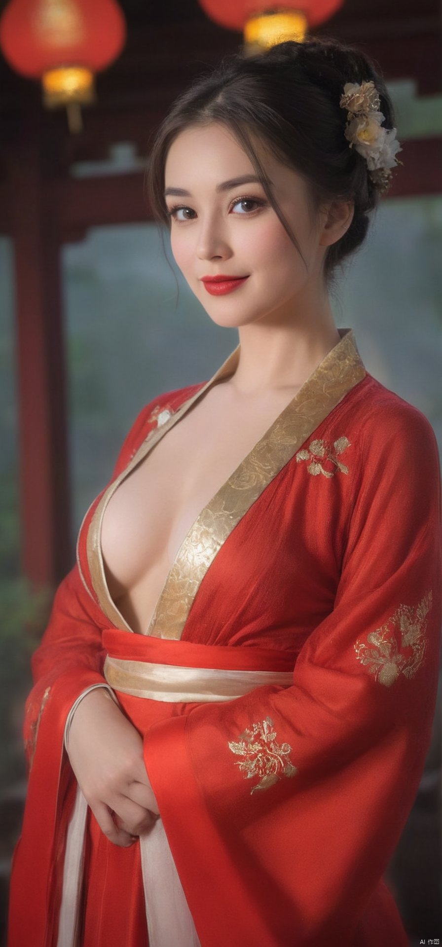  HUBG_Rococo_Style(loanword), 1girl, hanfu,full breasts,Portrait of noble and graceful goddess, dressed in red and gold,dark hair, 16K, UHD, HDR, Brilliant scene with bright lights, mist, joyful atmosphere, light smile,beautiful eyes, blush, red lipstick, 
