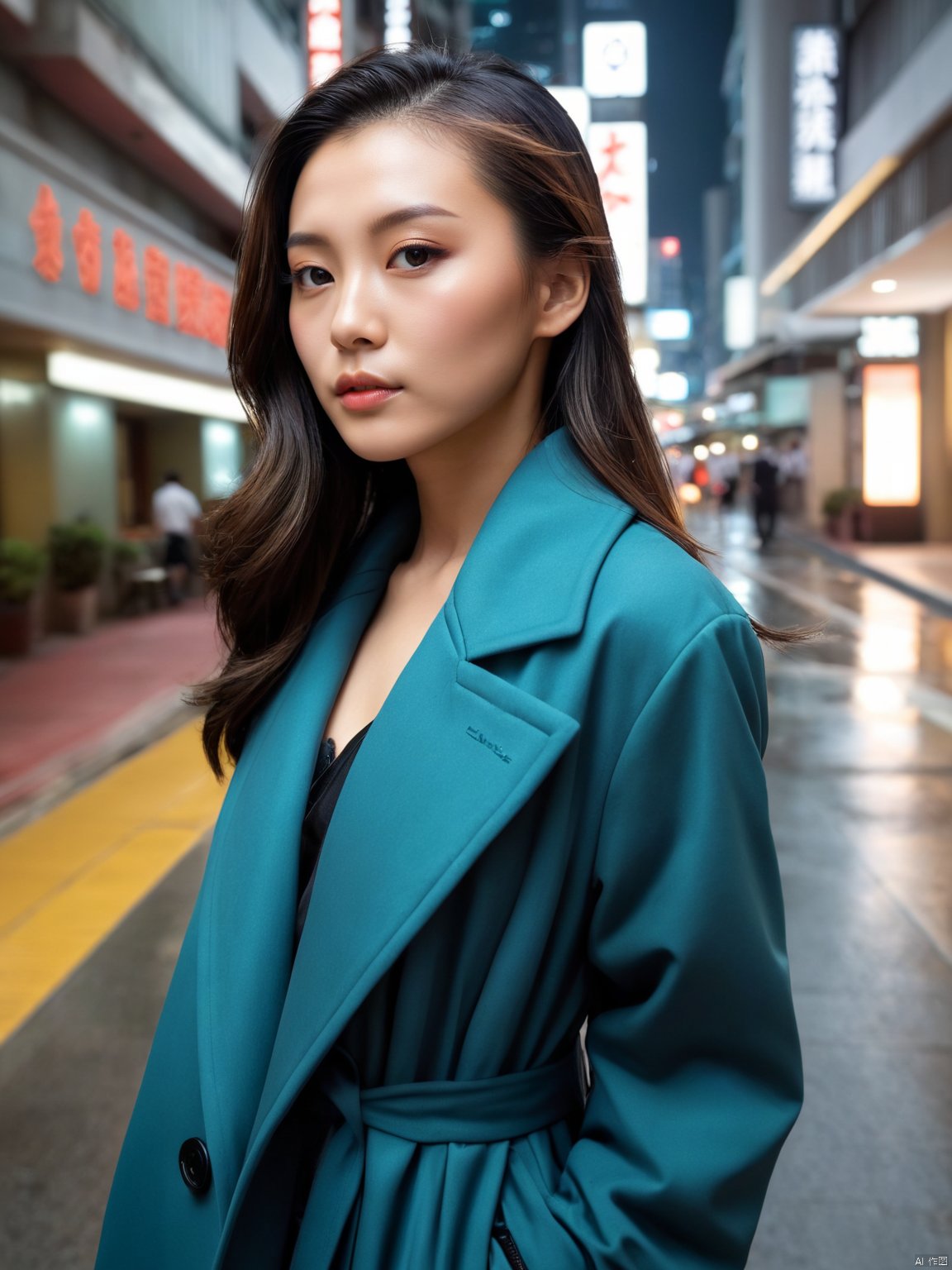  Best Quality, Hyper-Realistic, (Ultra High Resolution), Masterpiece, 8K, RAW Photo, Cover Art, Light, Photo Art, Realistic, Coat, Street, Night, Hotel, Hong Kong Wind, Movie Cover, Dynamic Angle, Close-up, Sight,Half body photo, xiqing